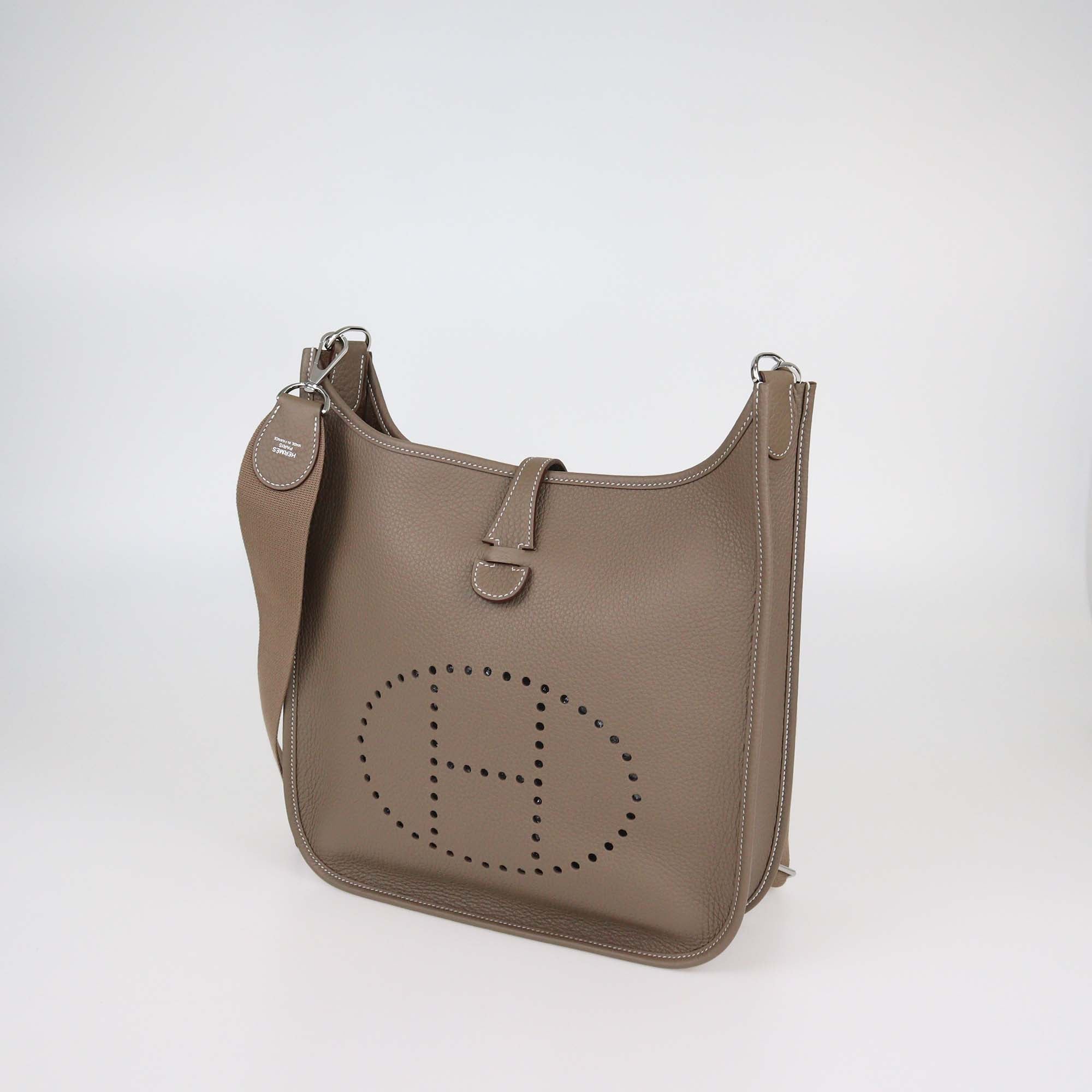 Hermes Etoupe Clemence Leather Evelyne III PM Bag