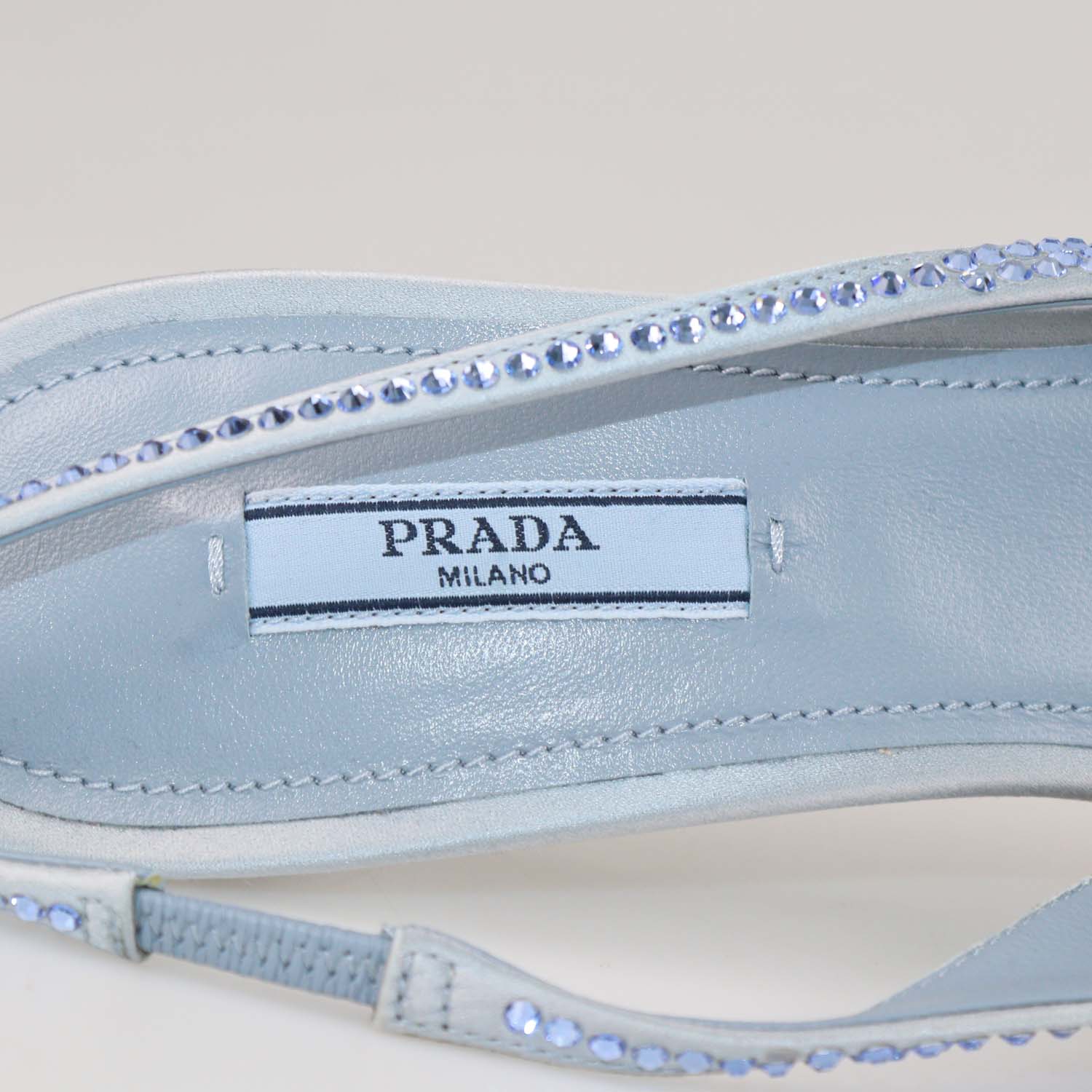 Prada Light Blue Satin Crystal Embellished Slingback Pumps