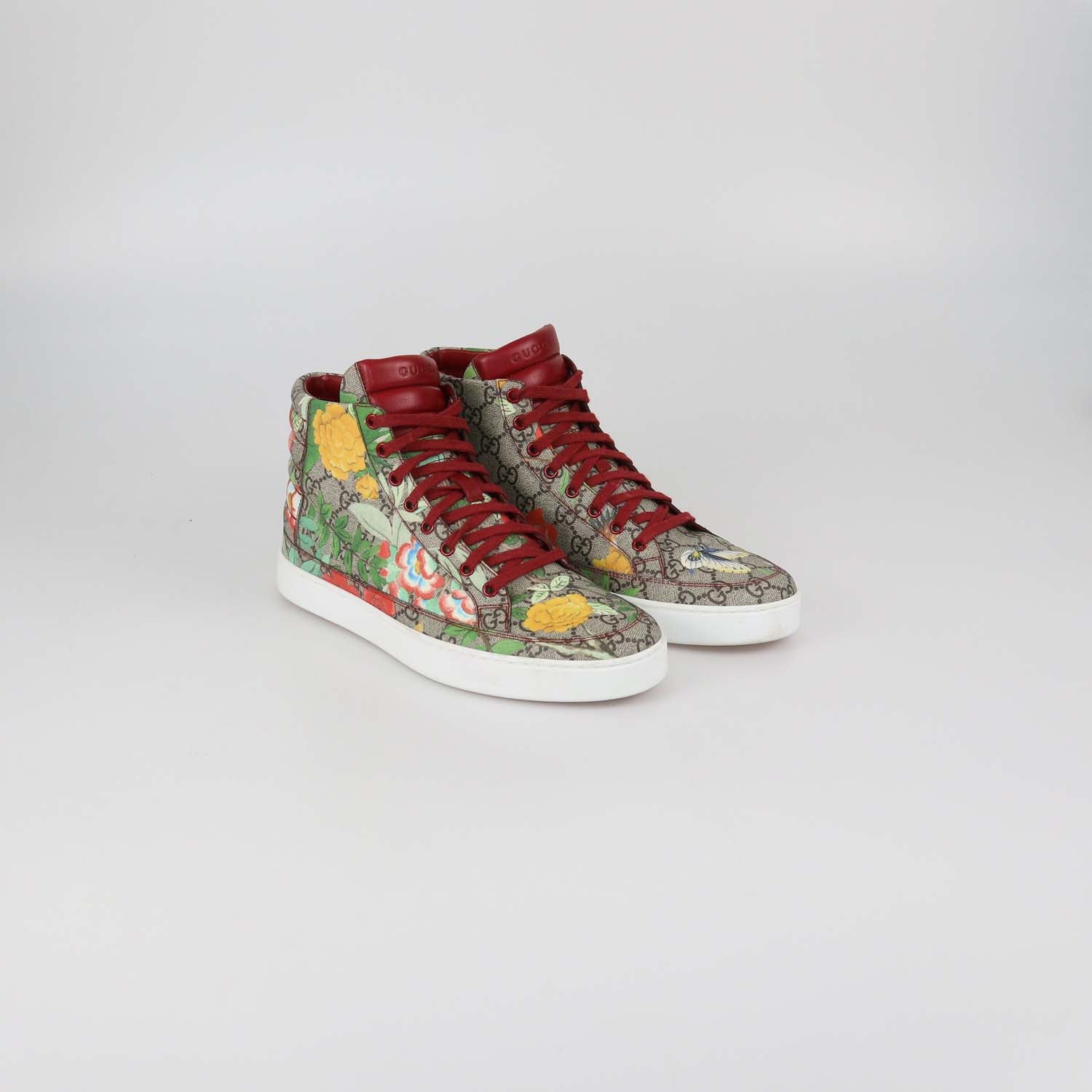 Gucci Beige/Red GG Supreme Canvas Tian Print High Top Sneakers