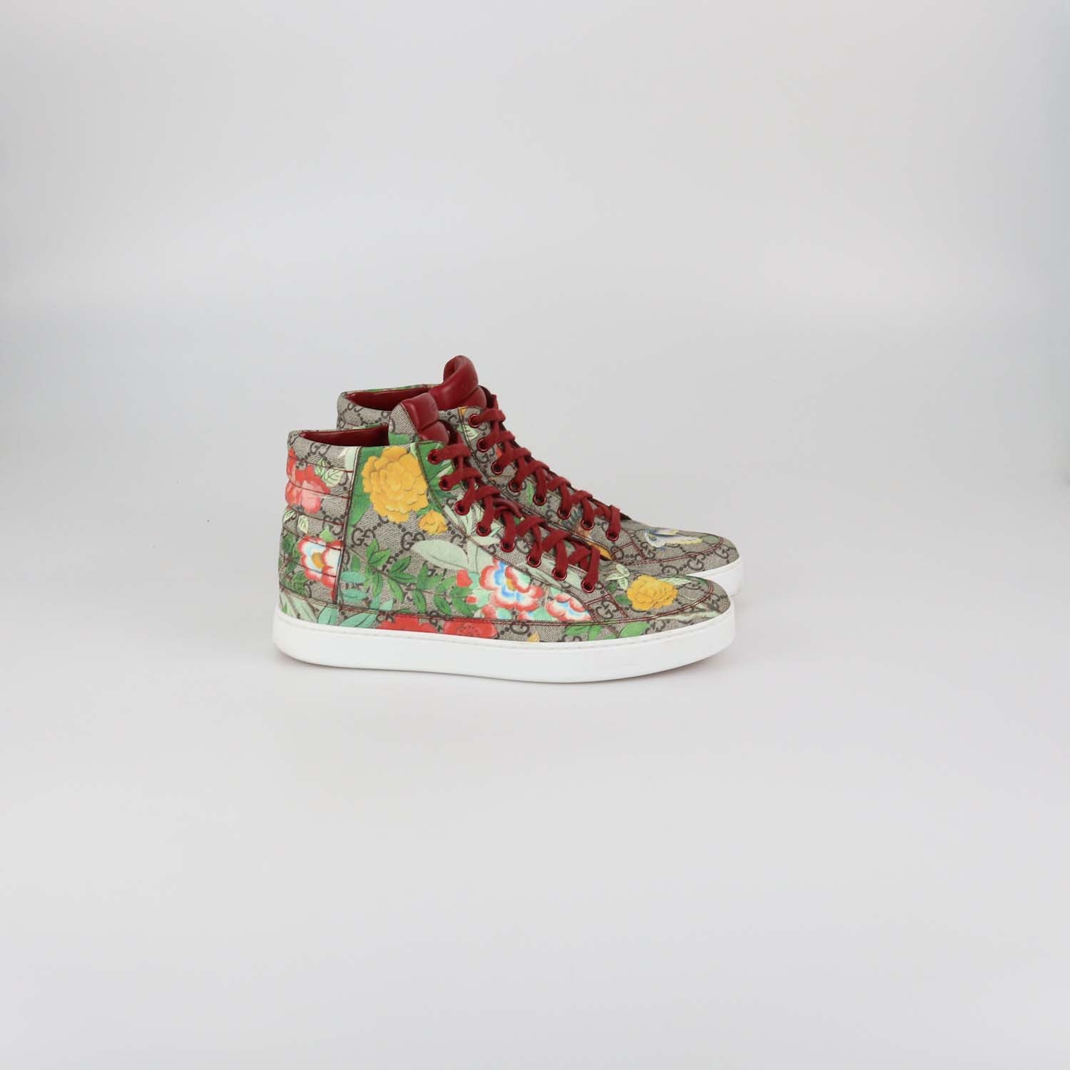 Gucci Beige/Red GG Supreme Canvas Tian Print High Top Sneakers