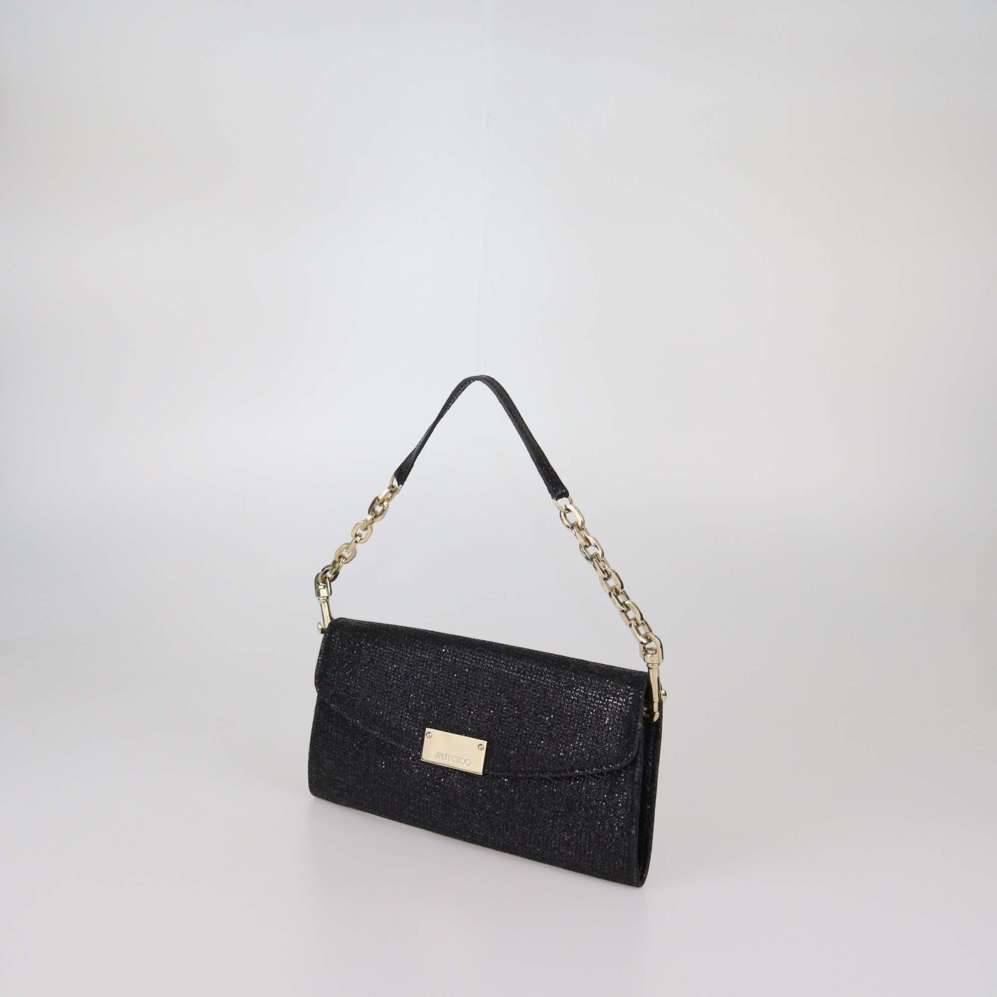 Jimmy Choo Black Glitter Fabric Riane Clutch