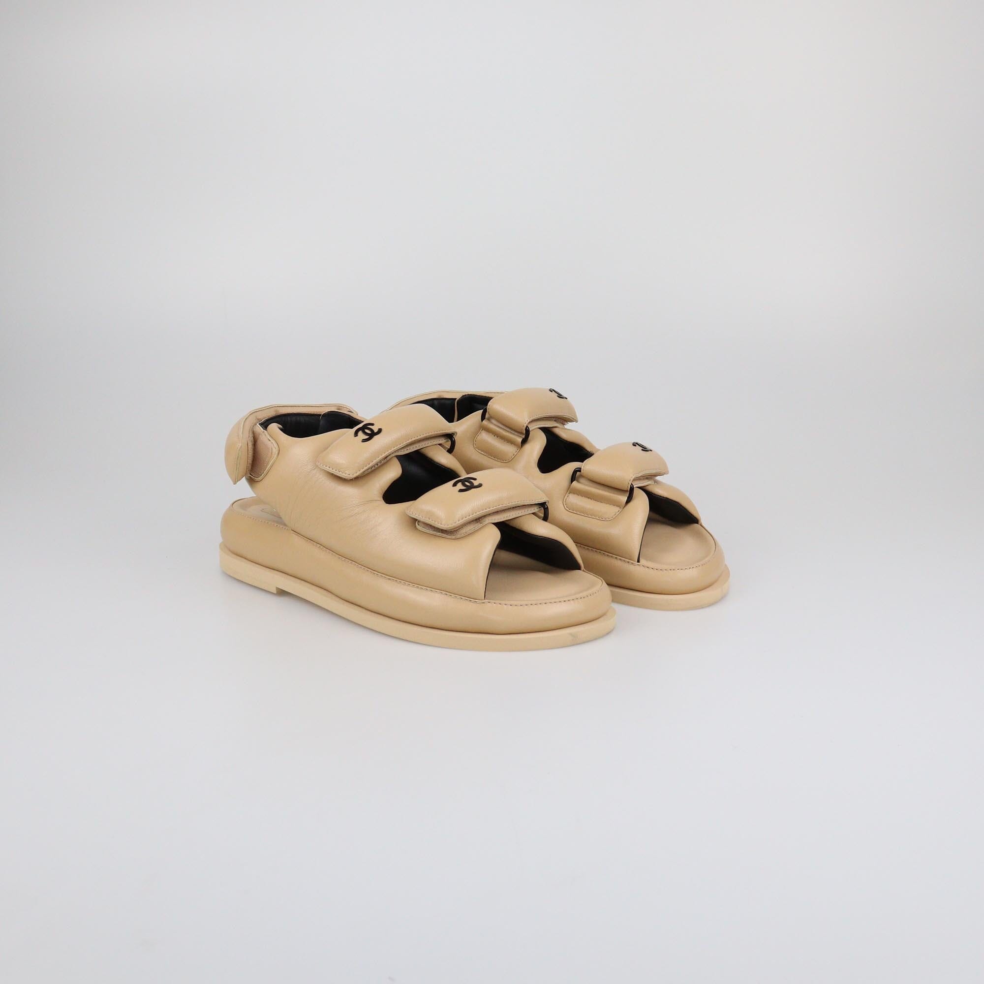 Chanel Tan Puffer Dad Sandals Womens Chanel