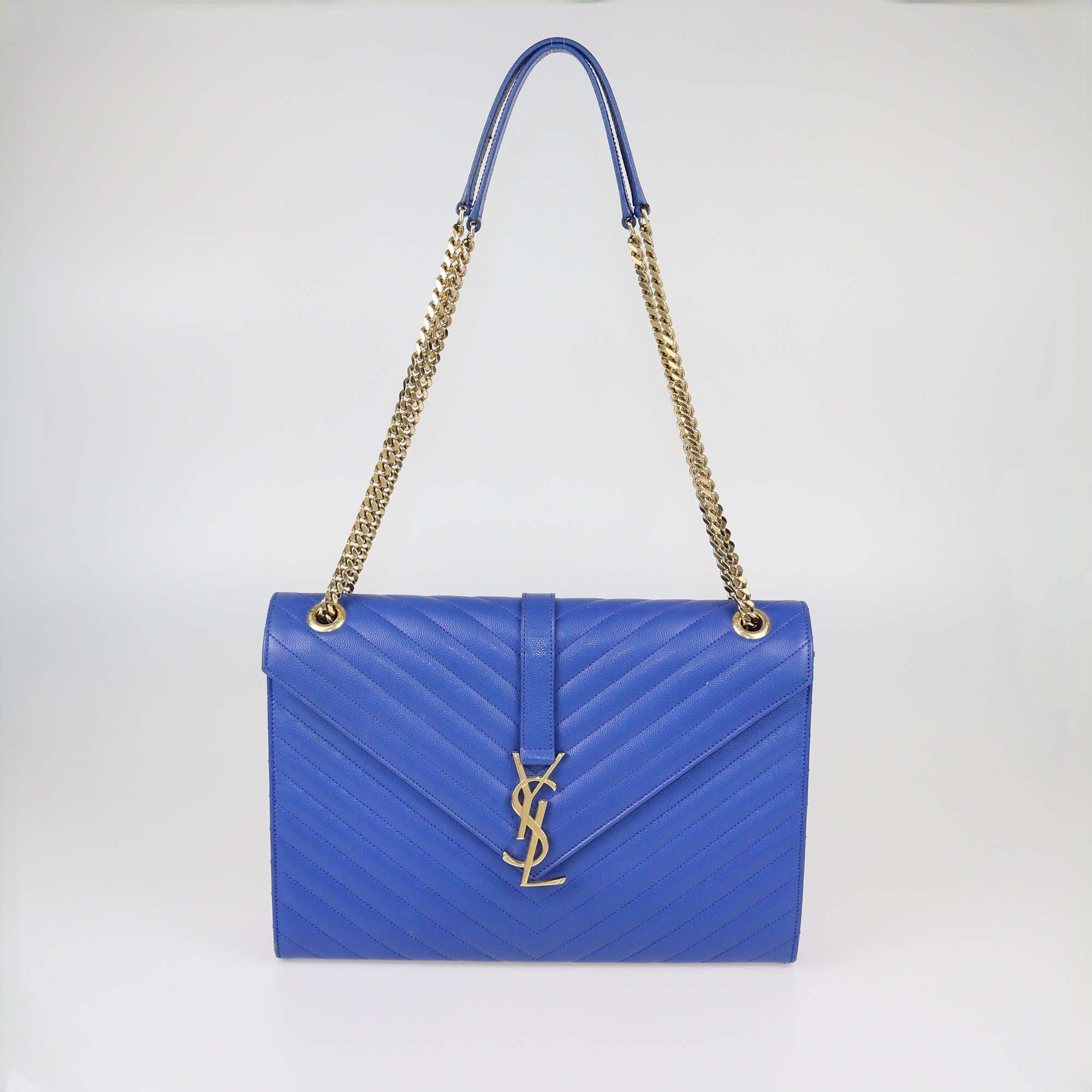Saint Laurent Blue Chevron Leather Large Envelope Shoulder Bag