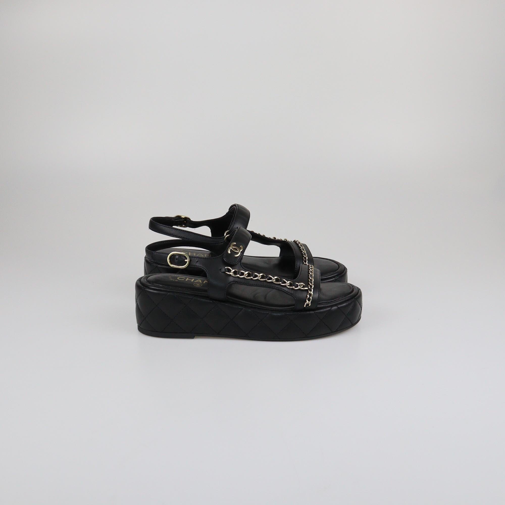 Chanel Black Quilted Chain Wedge Ankle Strap Sandals Womens Chanel