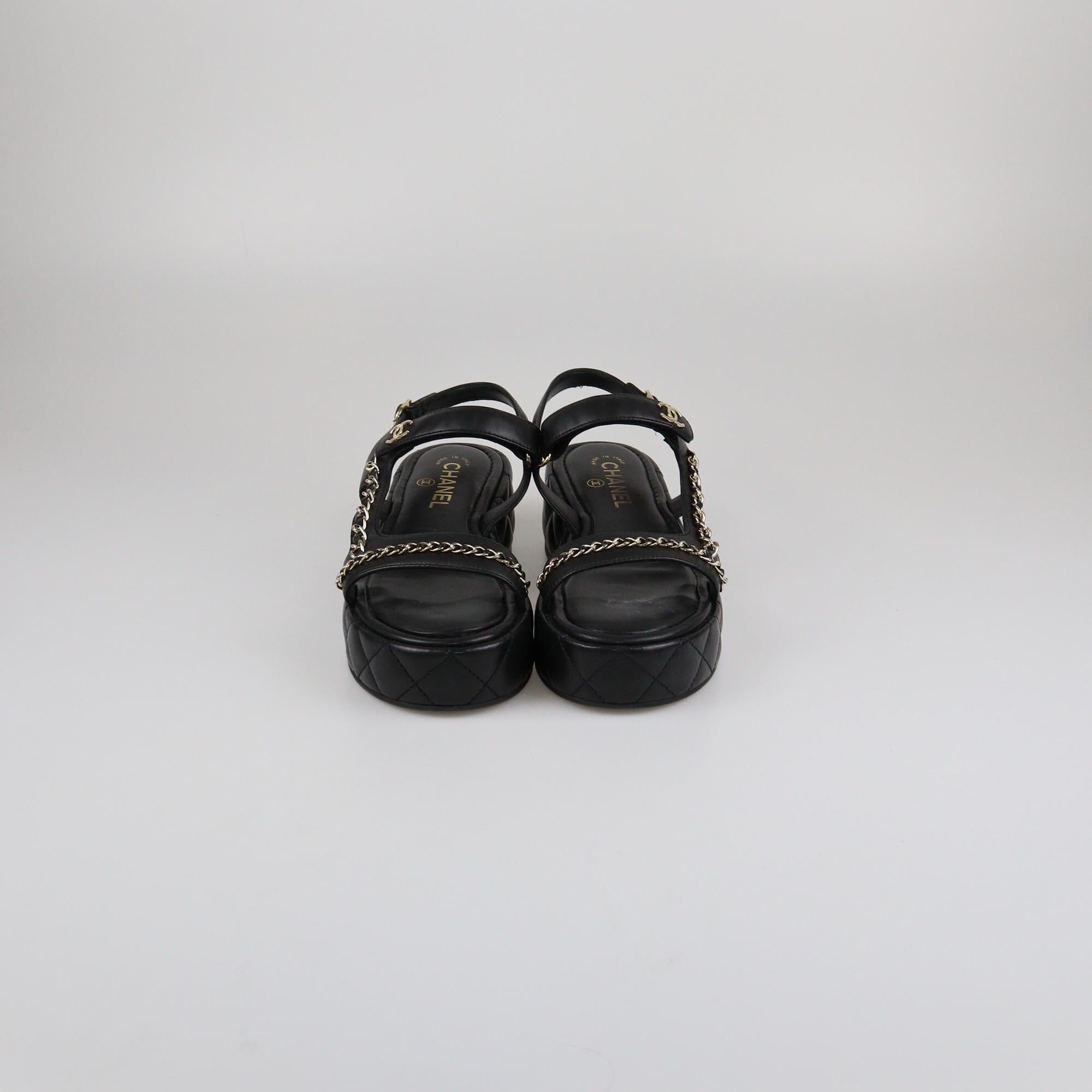 Chanel Black Quilted Chain Wedge Ankle Strap Sandals Womens Chanel
