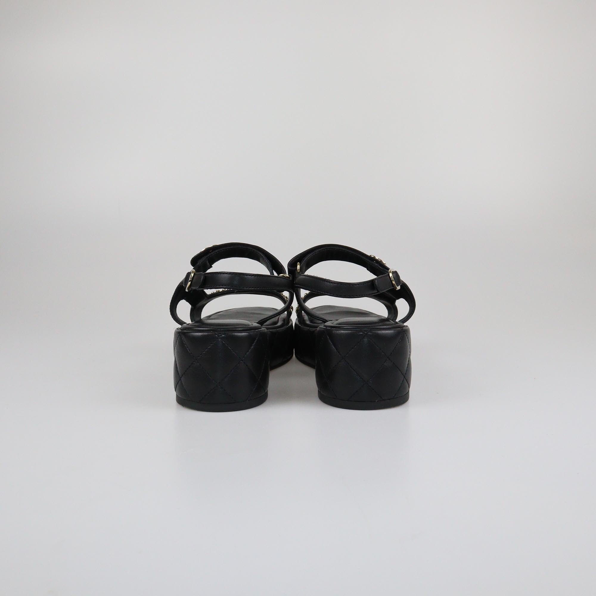 Chanel Black Quilted Chain Wedge Ankle Strap Sandals Womens Chanel