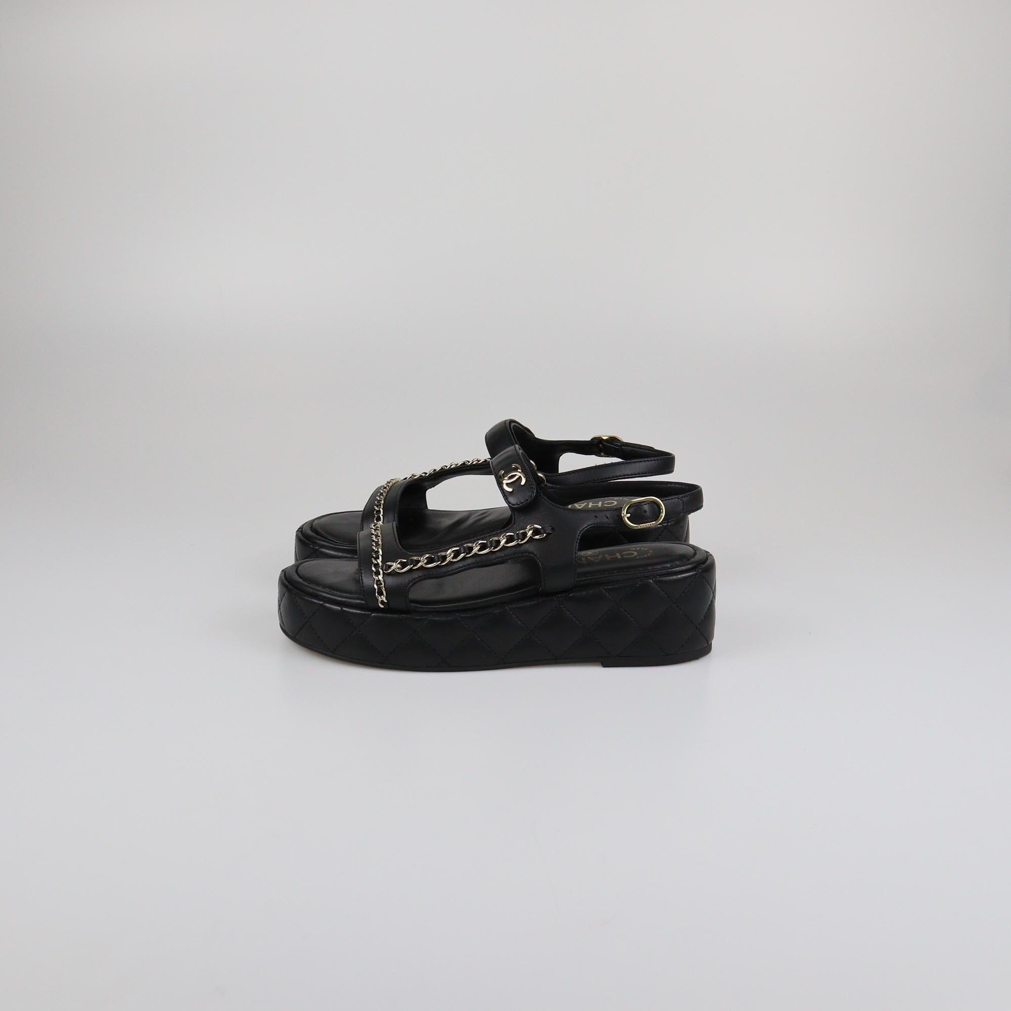 Chanel Black Quilted Chain Wedge Ankle Strap Sandals Womens Chanel