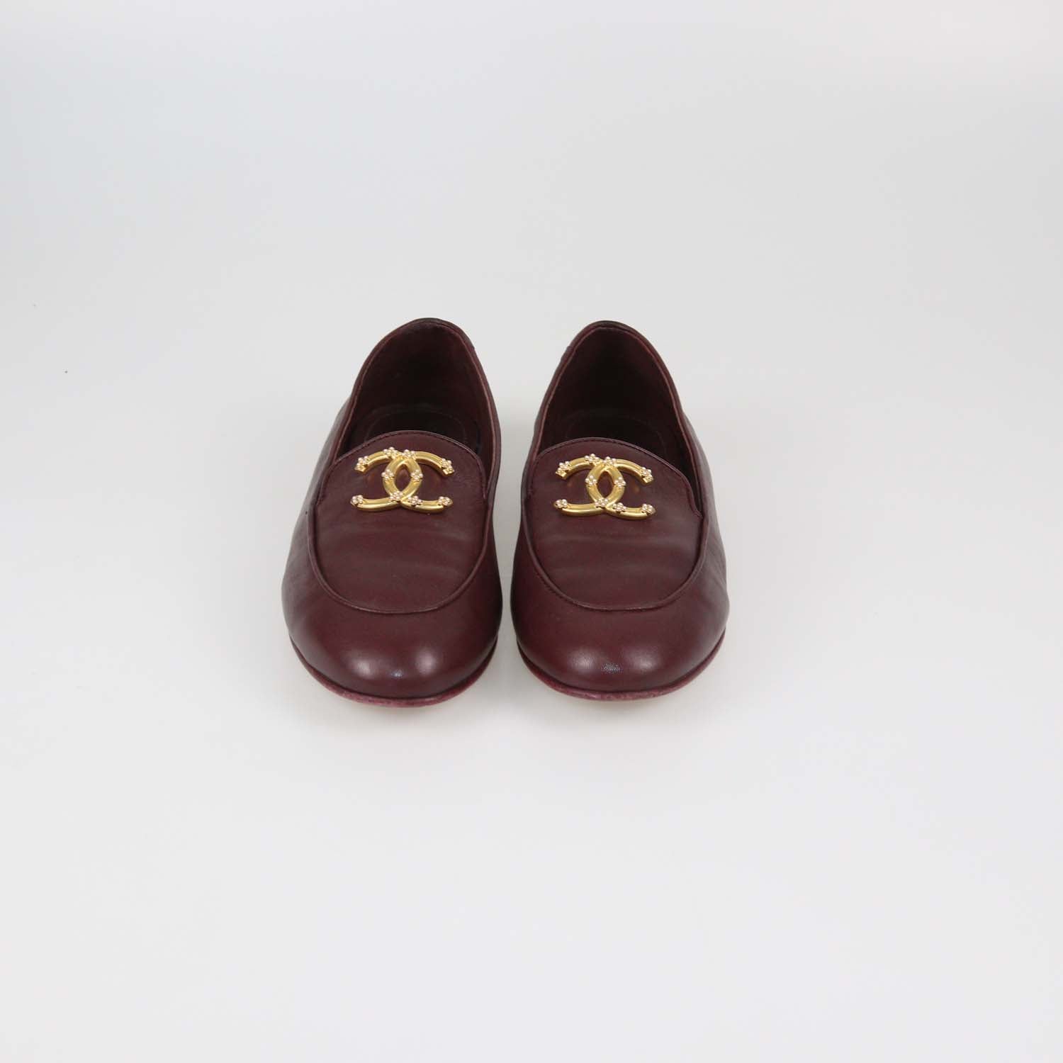 Chanel Burgundy Leather CC Pearl Loafers