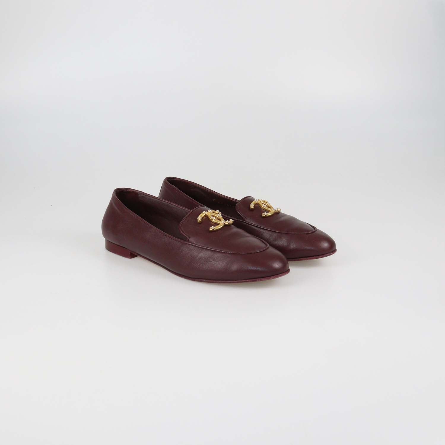 Chanel Burgundy Leather CC Pearl Loafers