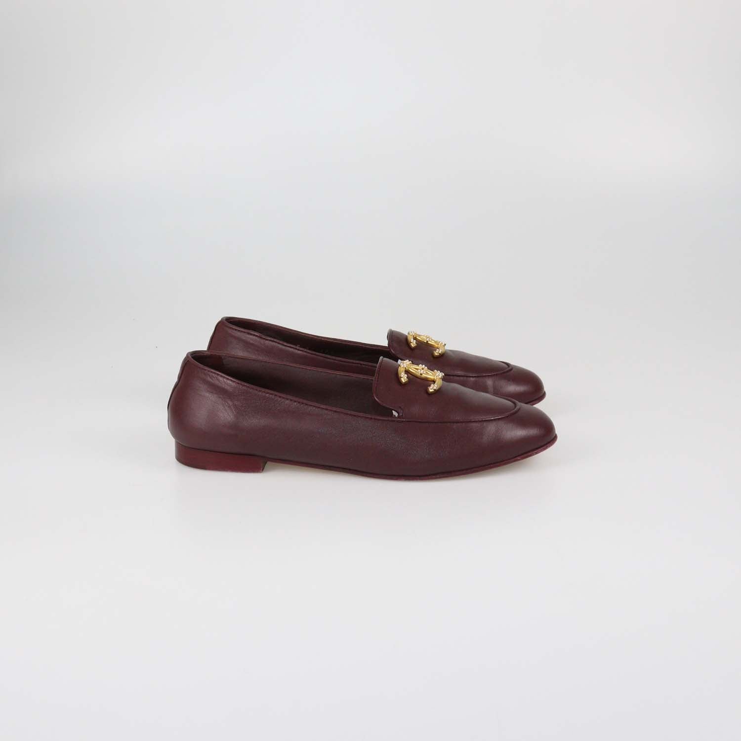 Chanel Burgundy Leather CC Pearl Loafers