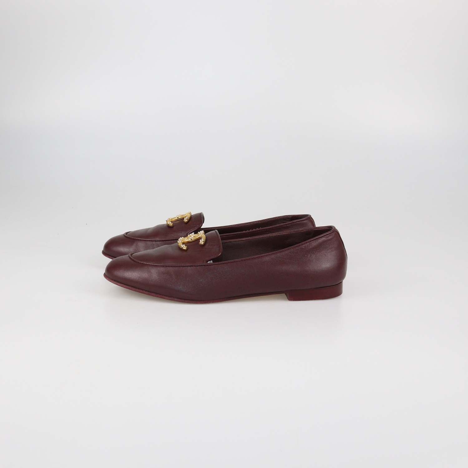 Chanel Burgundy Leather CC Pearl Loafers