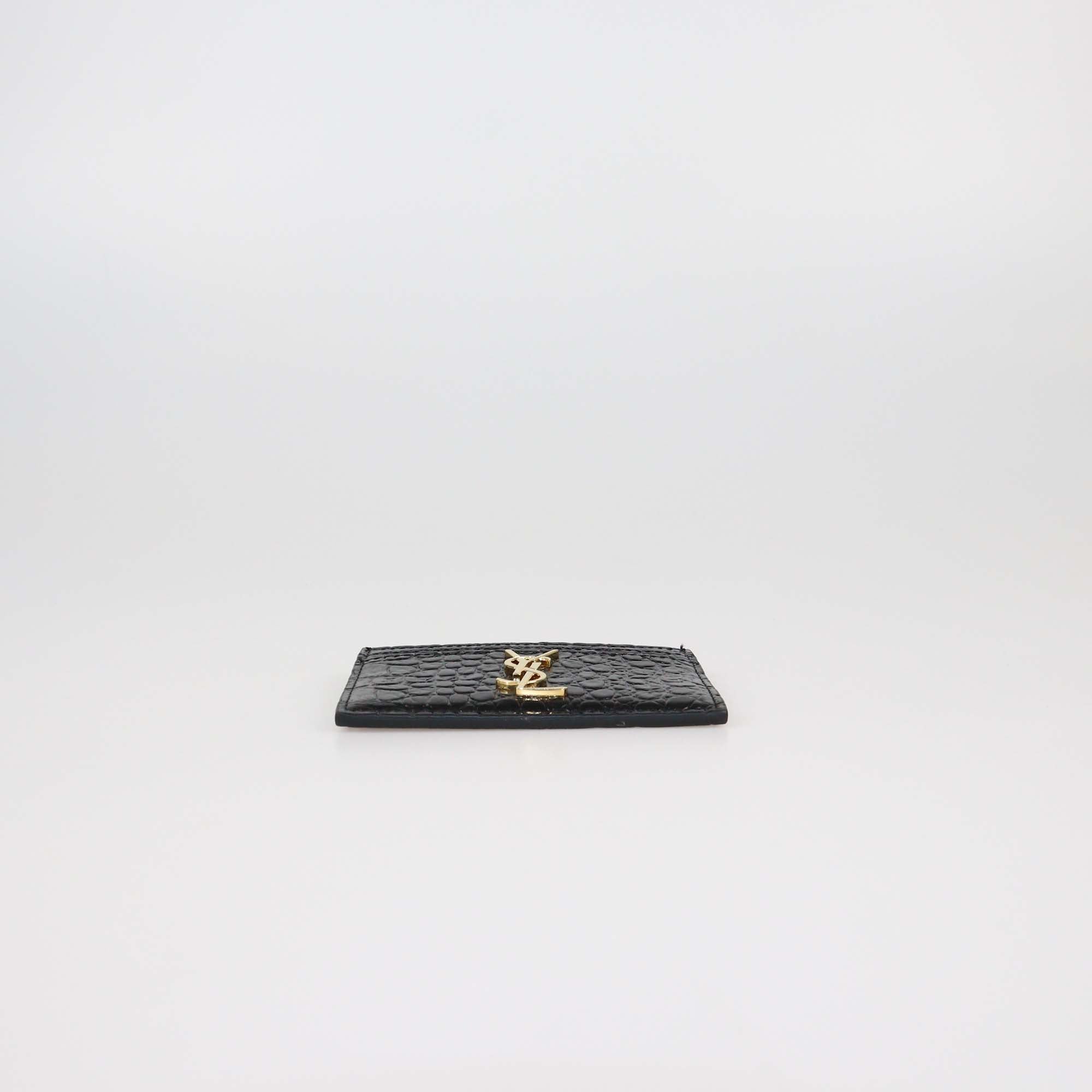 Saint Laurent Black Croc Embossed Leather Cassandre Card Holder