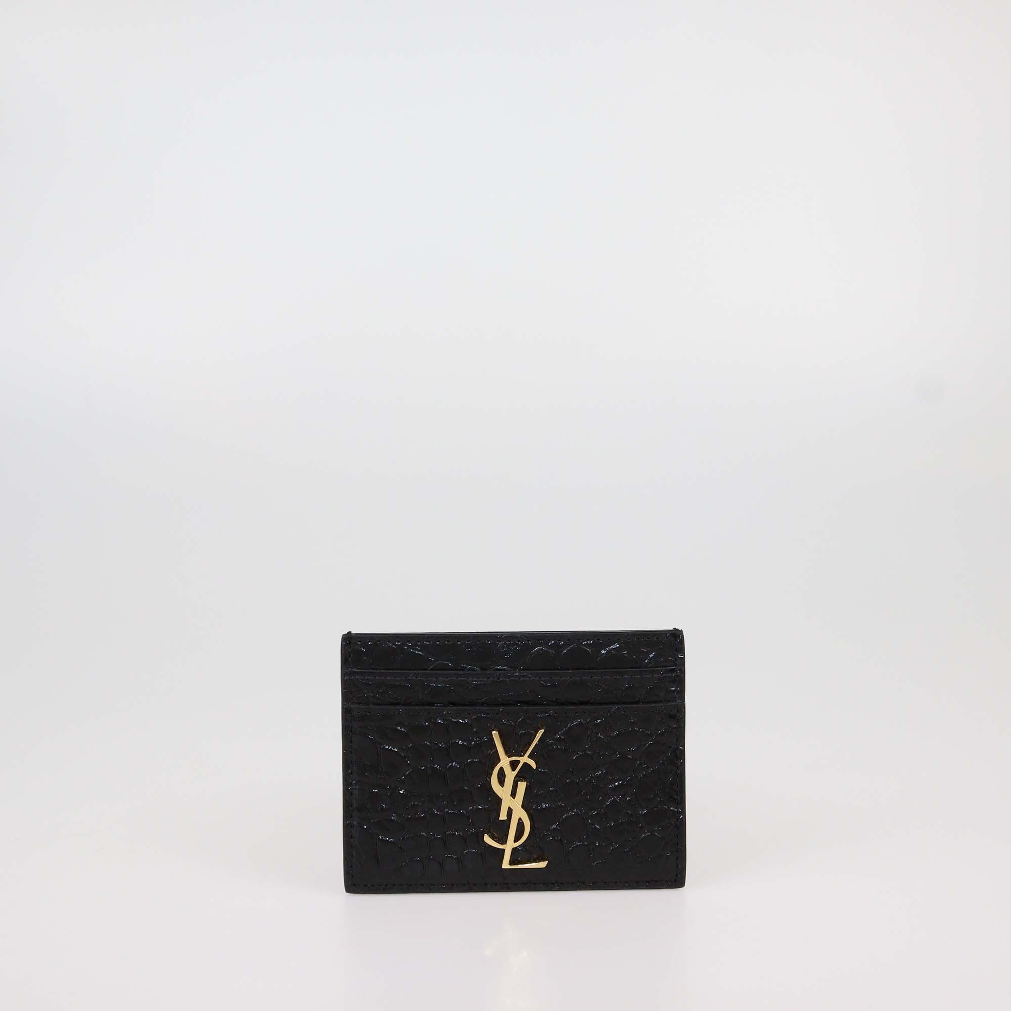 Saint Laurent Black Croc Embossed Leather Cassandre Card Holder