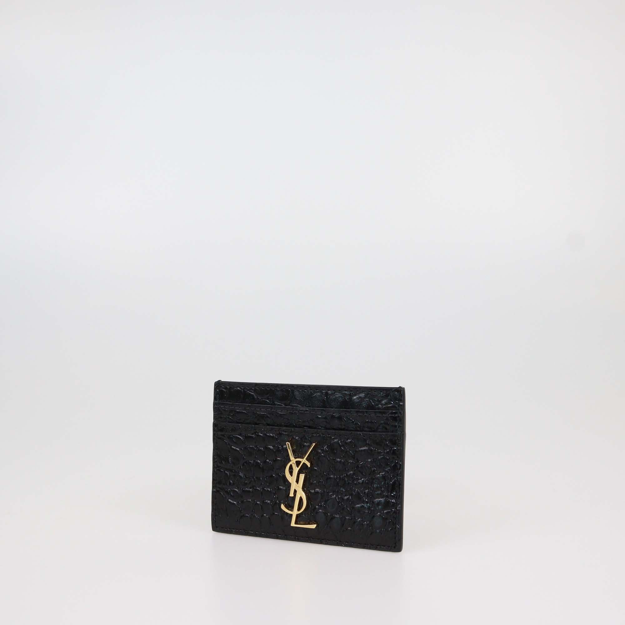 Saint Laurent Black Croc Embossed Leather Cassandre Card Holder