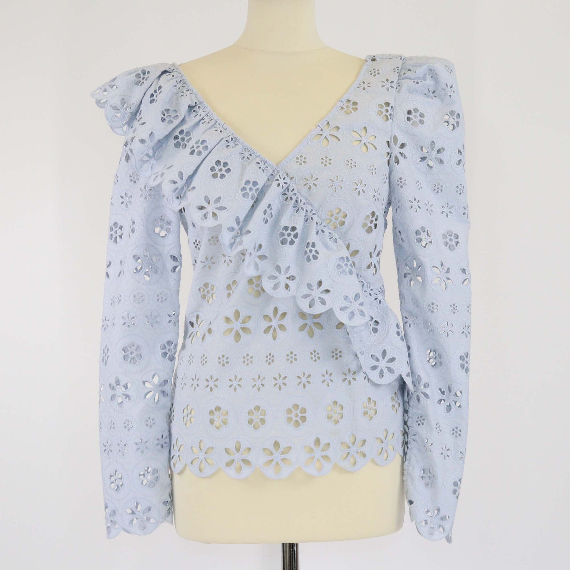 Self-Portrait Powder Blue Schiffli Lace Ruffled Embroidered Anglaise Top Womens Self-Portrait