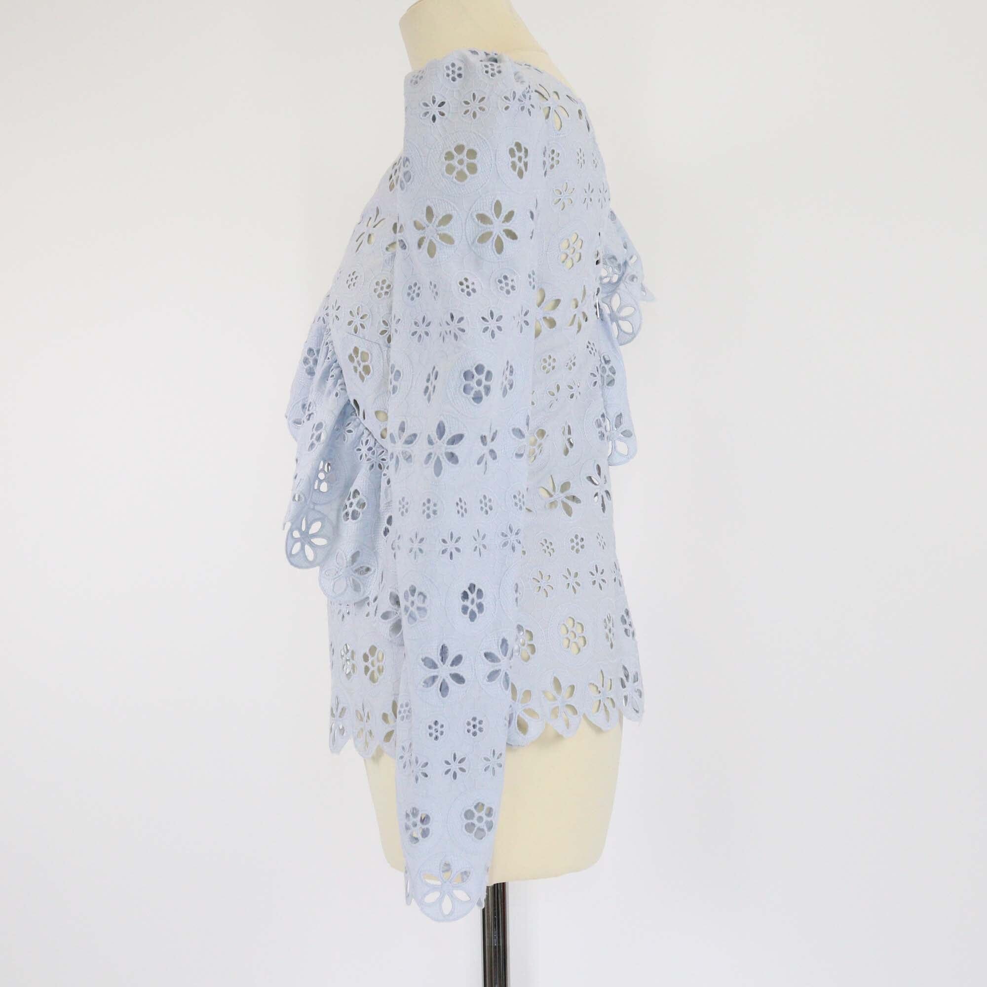 Self-Portrait Powder Blue Schiffli Lace Ruffled Embroidered Anglaise Top Womens Self-Portrait