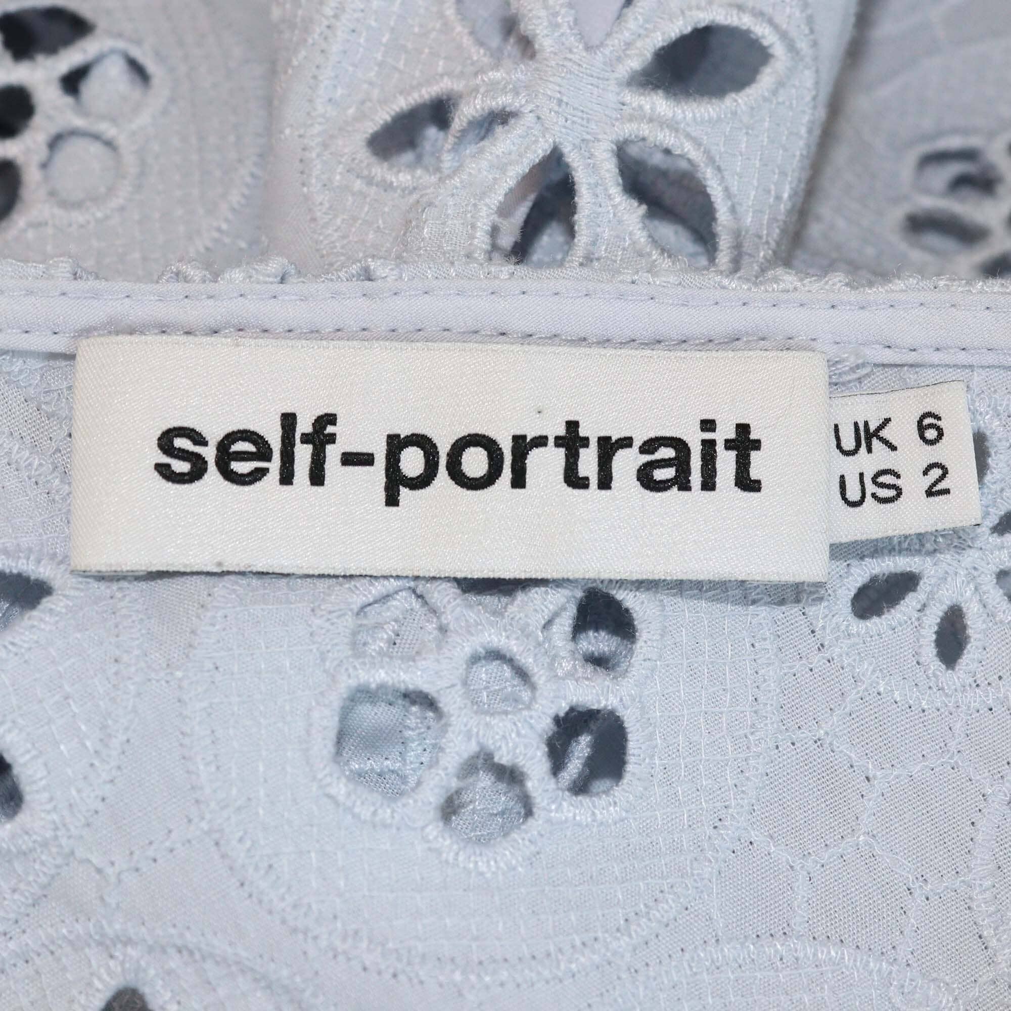 Self-Portrait Powder Blue Schiffli Lace Ruffled Embroidered Anglaise Top Womens Self-Portrait