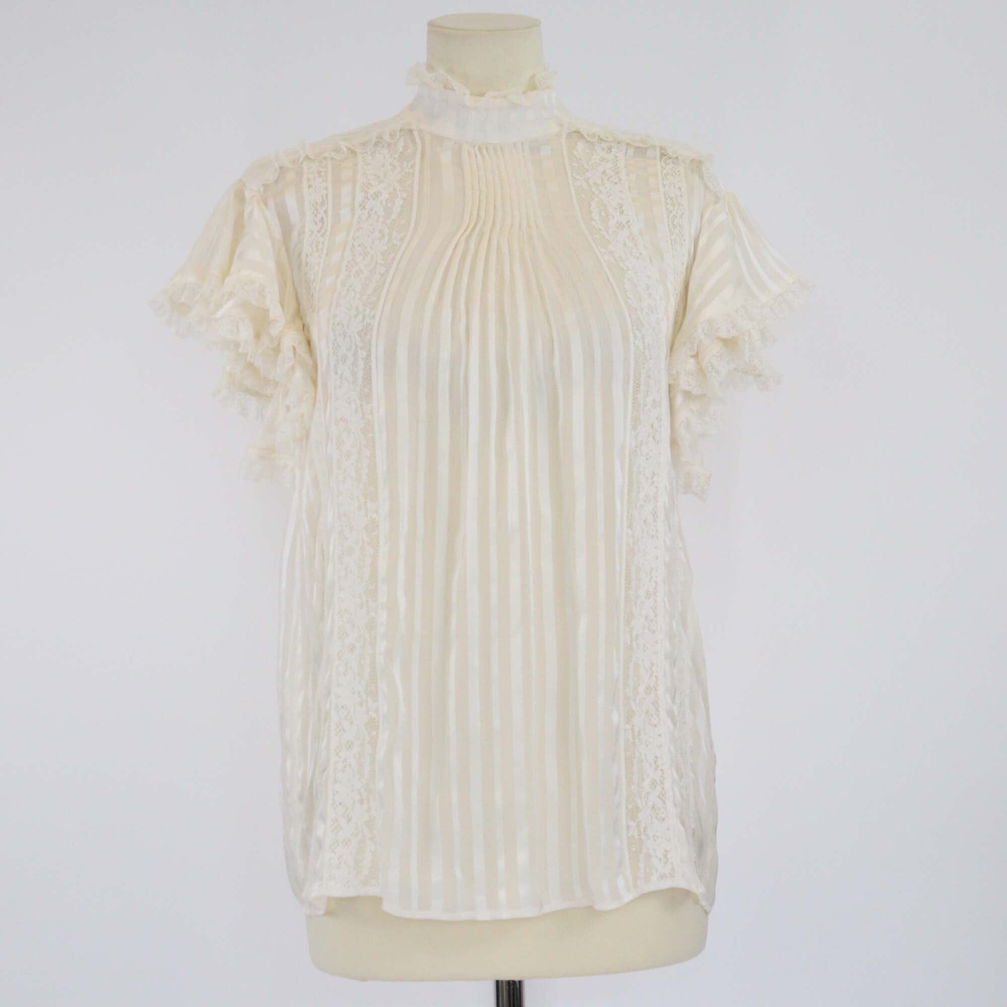 Zimmermann Cream Ruffled Lace Trimmed Short Sleeve Top Womens Zimmermann