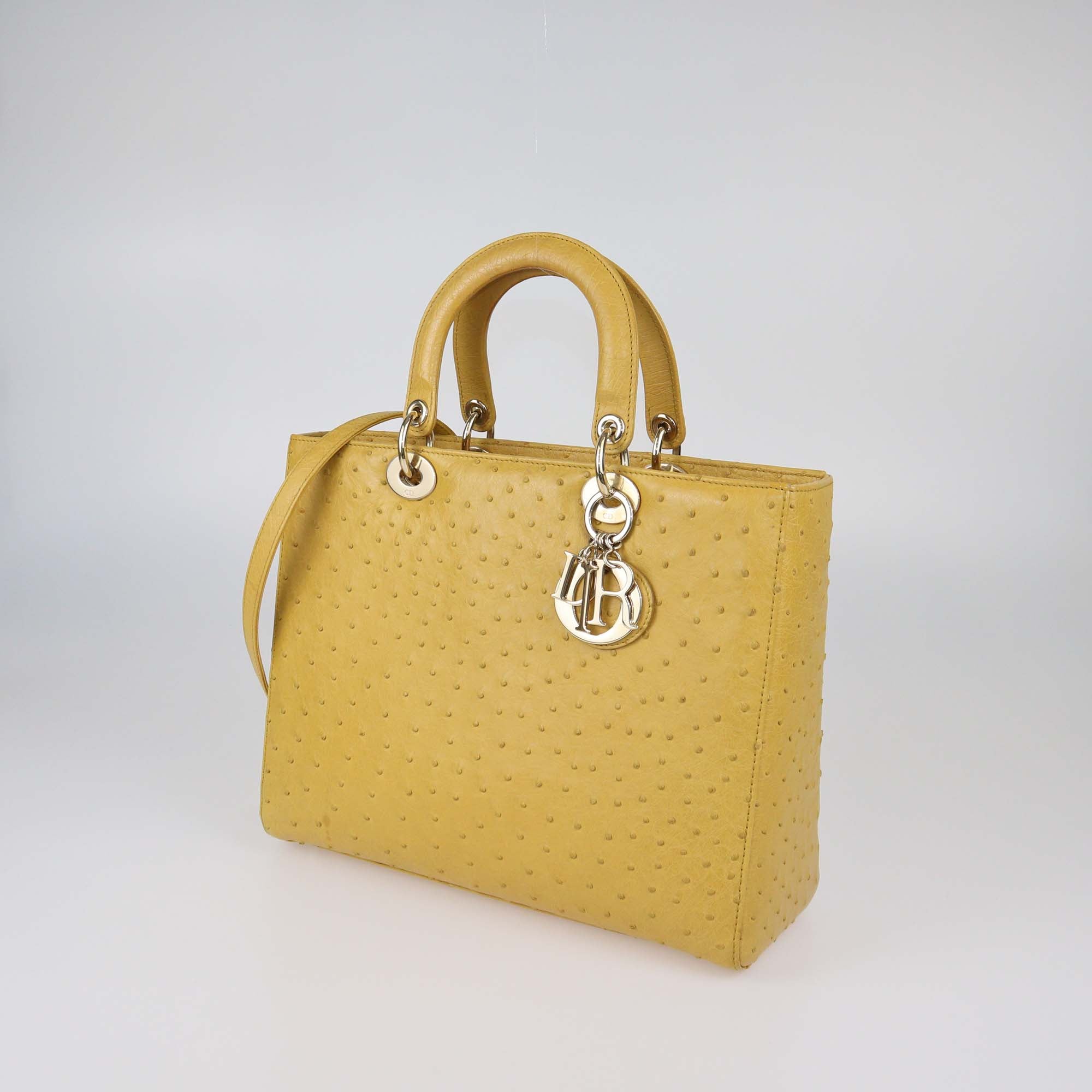 Christian Dior Yellow Ostrich Leather Large Lady Dior Tote