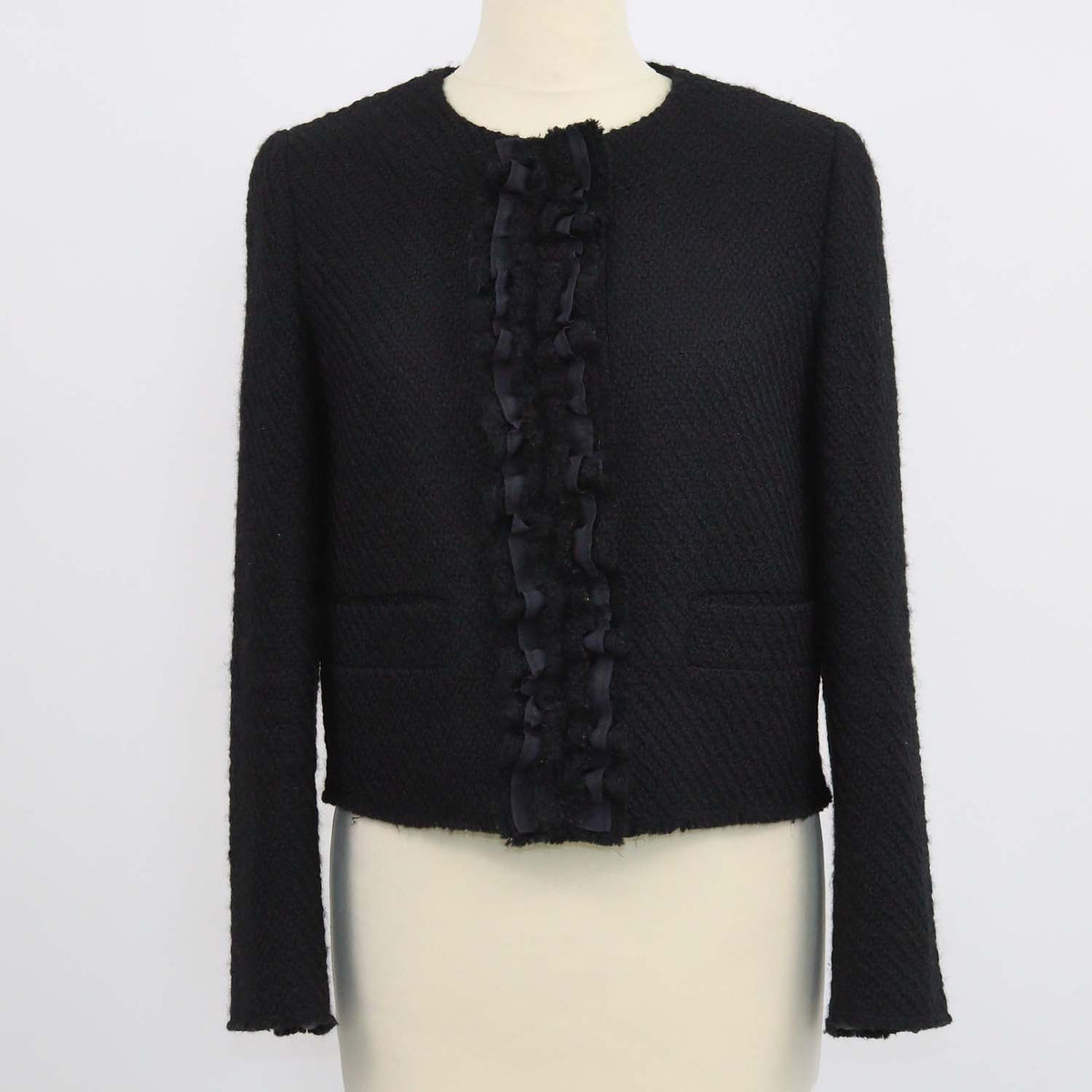 Prada Black Tweed Ruffled Trim Crop Jacket