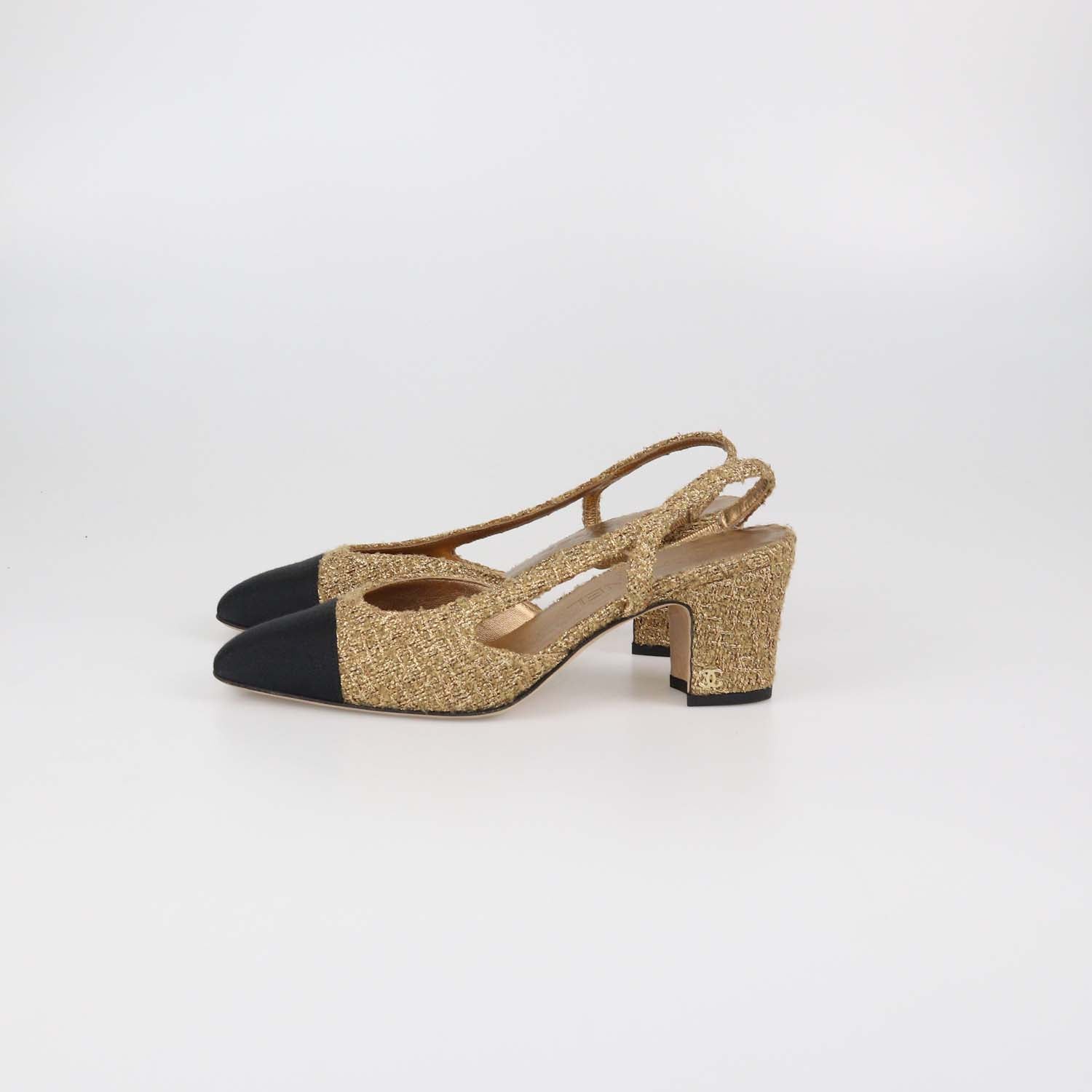 Chanel Gold/Black Tweed CC Cap Toe Slingback Sandals
