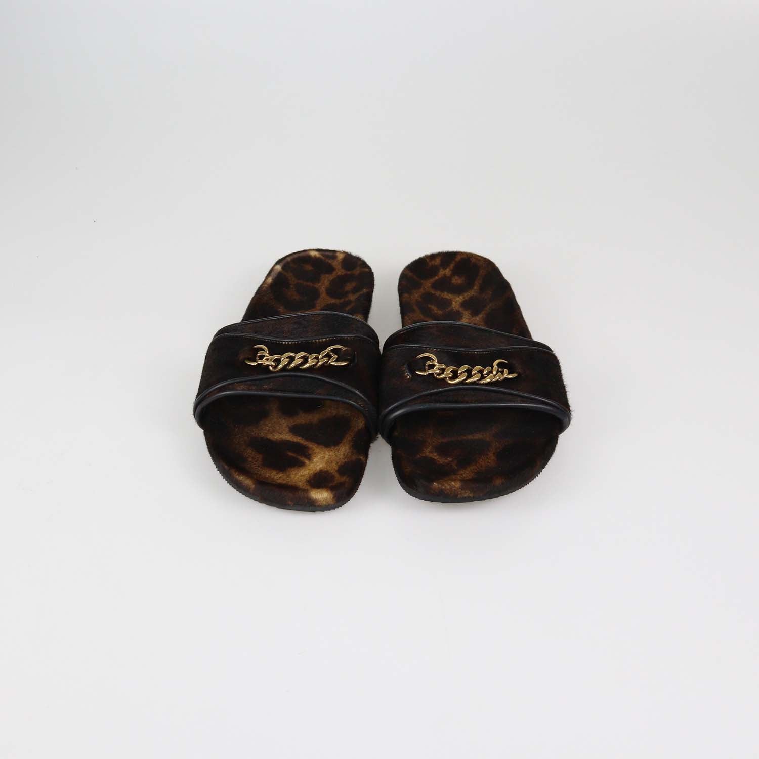 Tom Ford Brown/Black Leopard Print Calf Hair Chain Link Slides