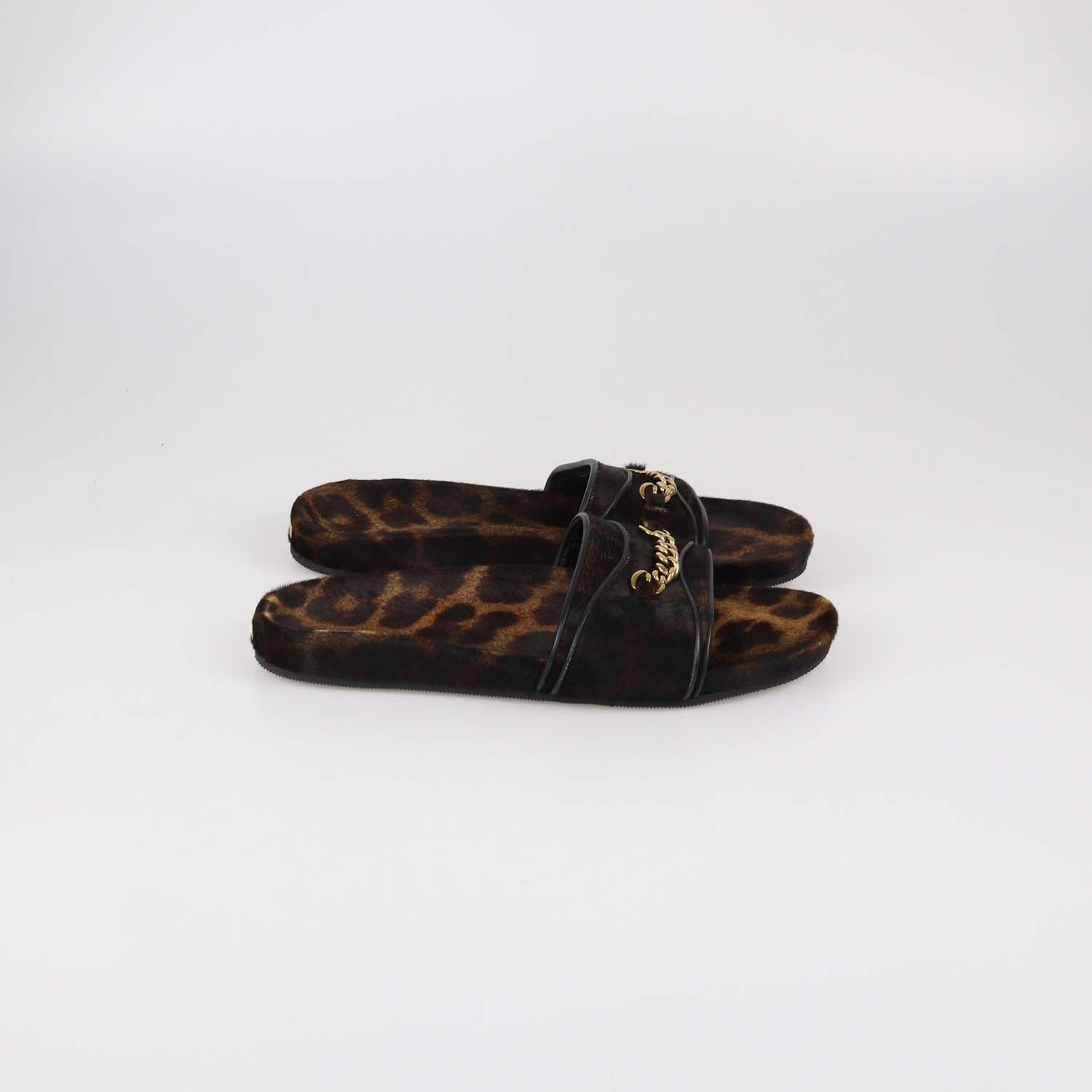 Tom Ford Brown/Black Leopard Print Calf Hair Chain Link Slides