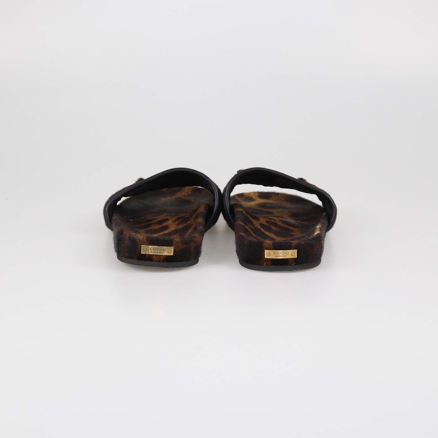 Tom Ford Brown/Black Leopard Print Calf Hair Chain Link Slides