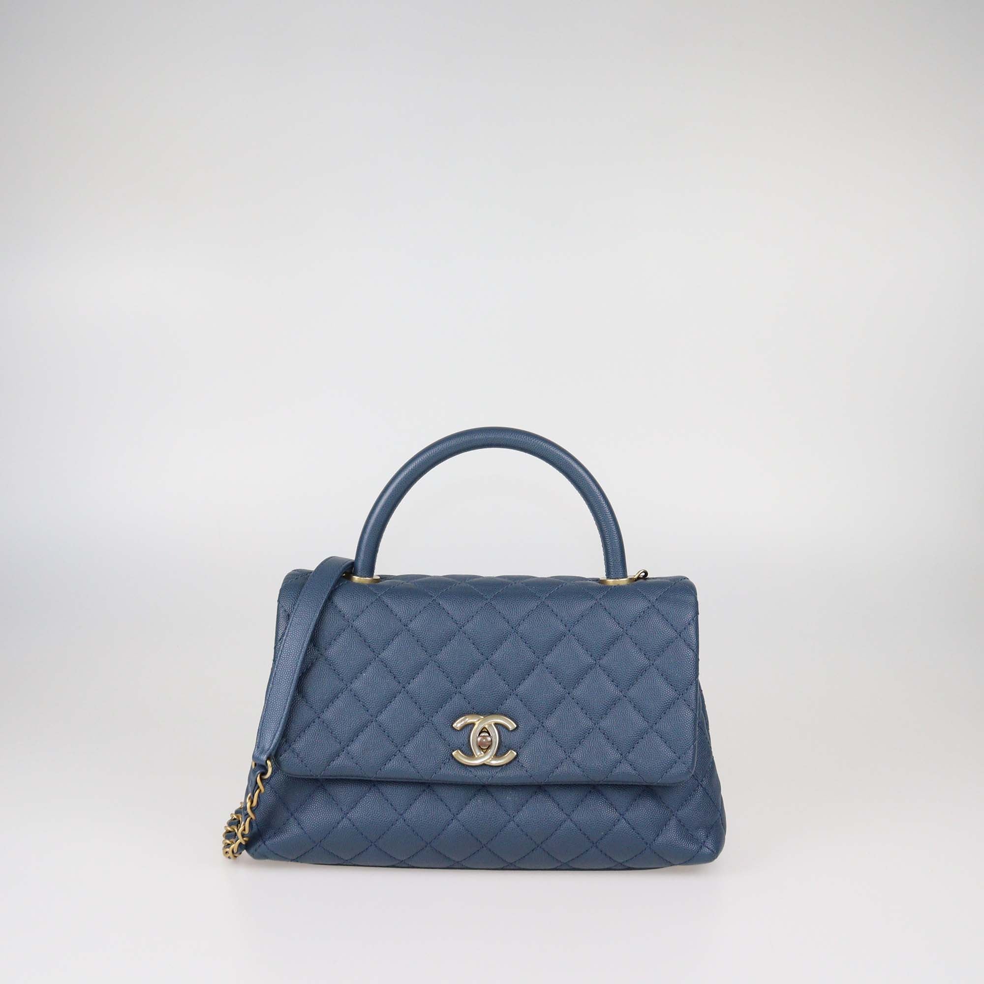 Chanel Blue Quilted Caviar Leather Large Coco Flap Top Handle Bag
