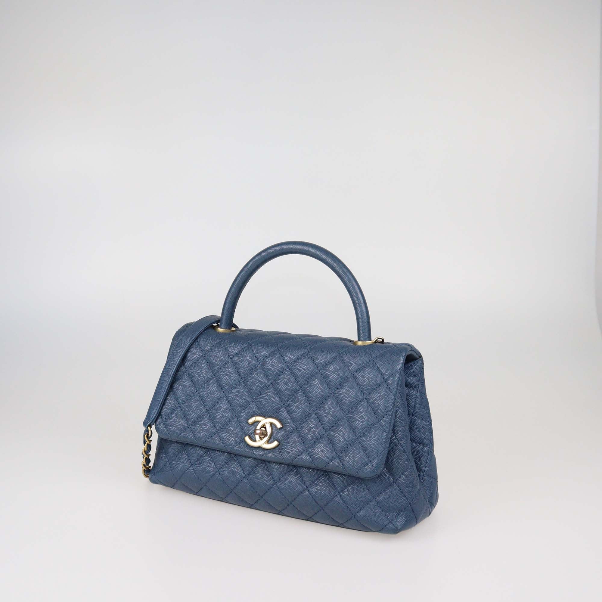 Chanel Blue Quilted Caviar Leather Large Coco Flap Top Handle Bag