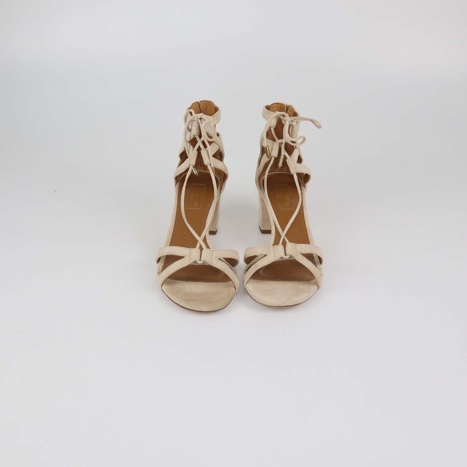 Aquazzura Beige Suede Beverly Hills Lace Up Ankle Strap Sandals