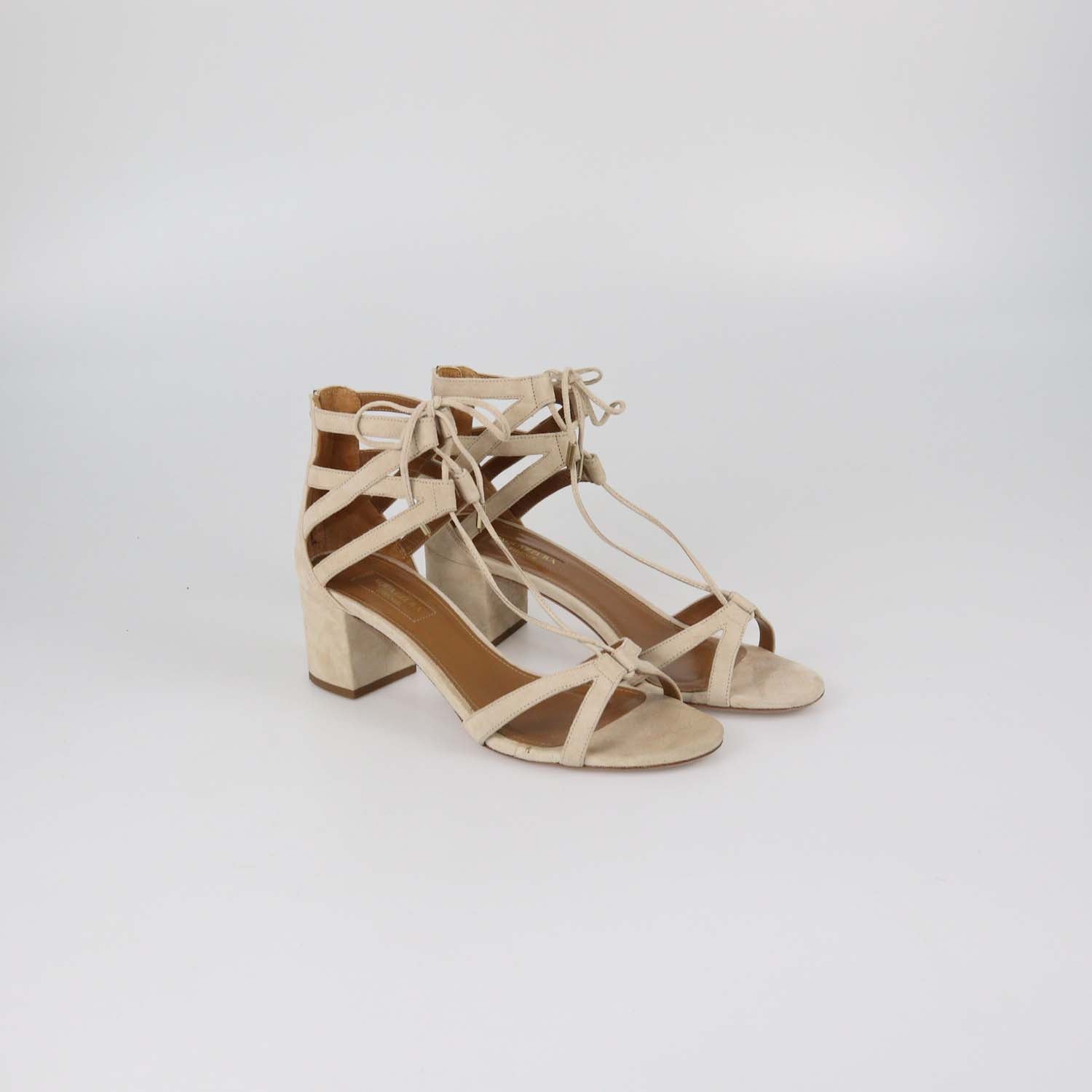 Aquazzura Beige Suede Beverly Hills Lace Up Ankle Strap Sandals