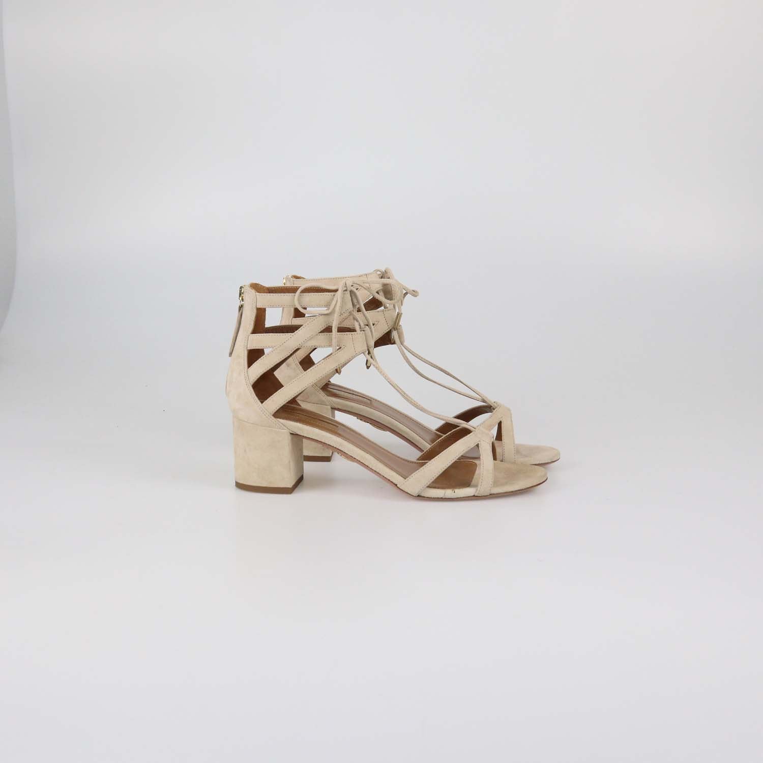 Aquazzura Beige Suede Beverly Hills Lace Up Ankle Strap Sandals