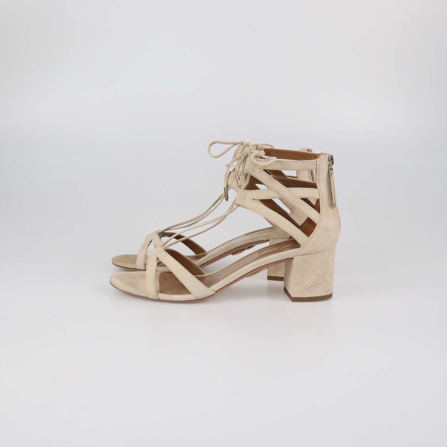 Aquazzura Beige Suede Beverly Hills Lace Up Ankle Strap Sandals