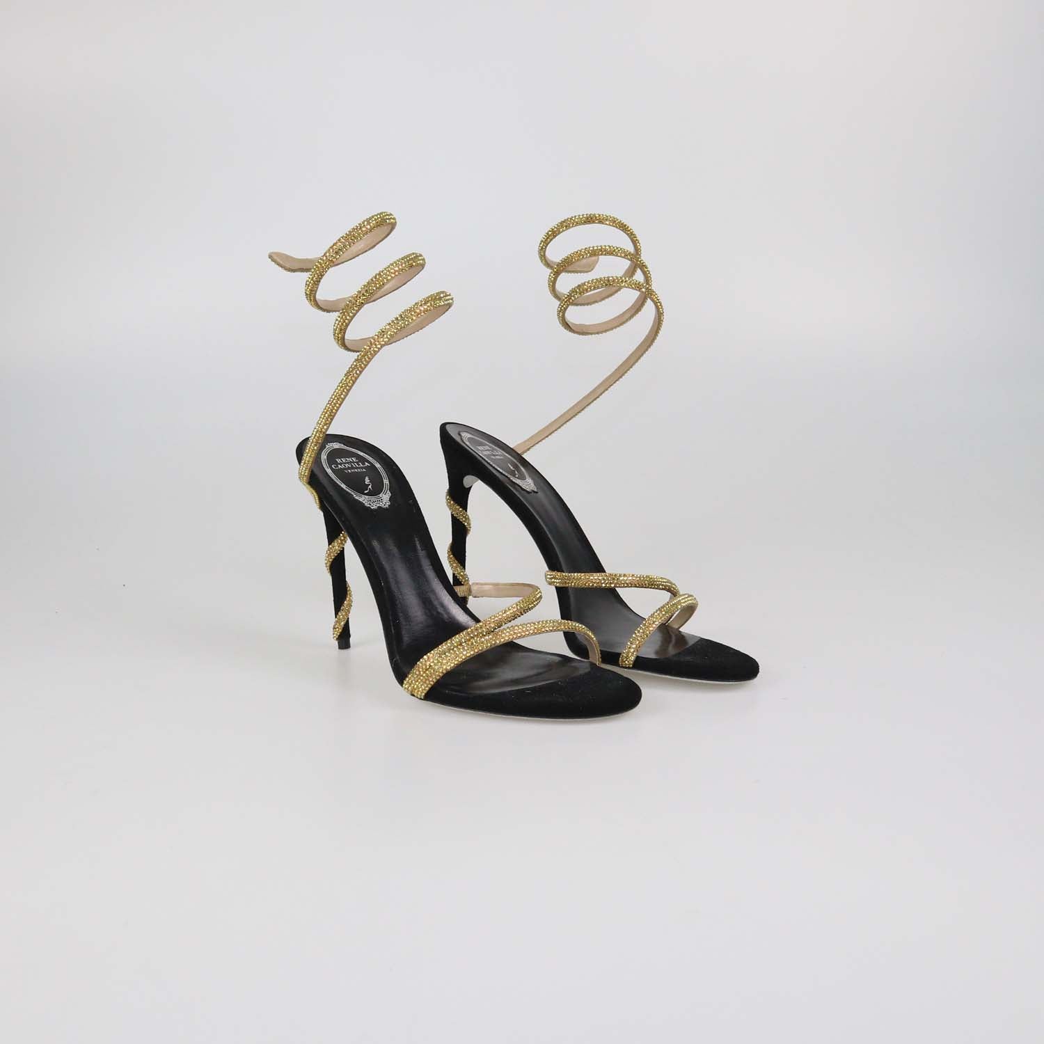 Rene Caovilla Gold/Black Satin Crystal Embellished Margot Sandals