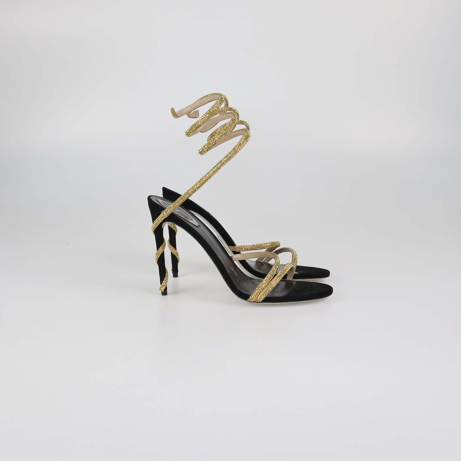 Rene Caovilla Gold/Black Satin Crystal Embellished Margot Sandals