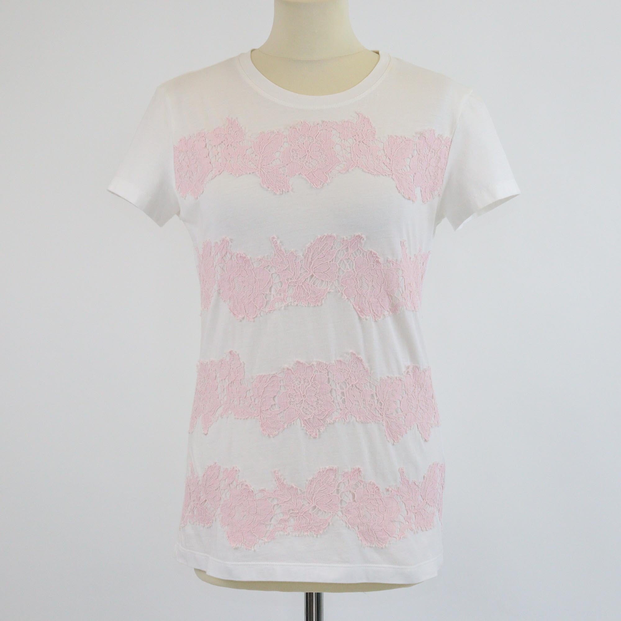 Valentino White/Pink Lace Trimmed Short Sleeve T-Shirt Womens Valentino