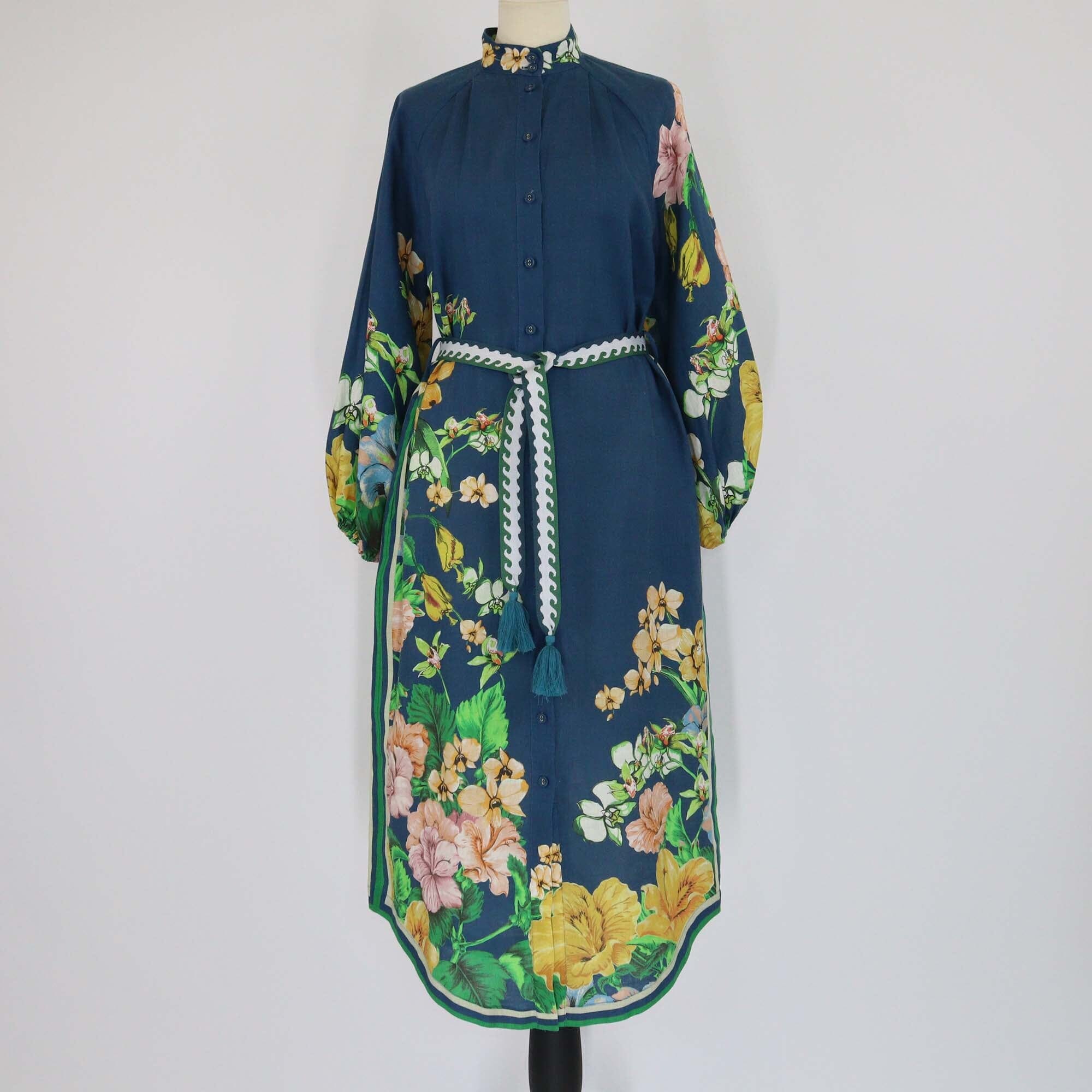 Alemais Blue Floral Print Long Sleeve Mock Neck Shirt Dress Womens Alemais