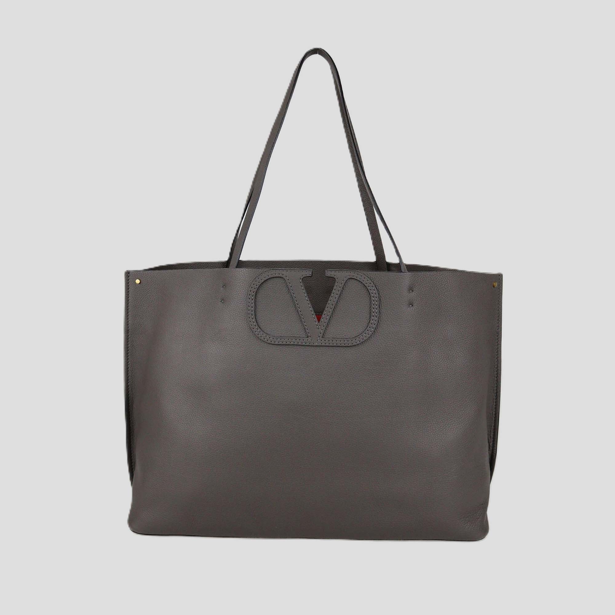 Valentino Dark Grey Leather Large VLogo Fillme Tote