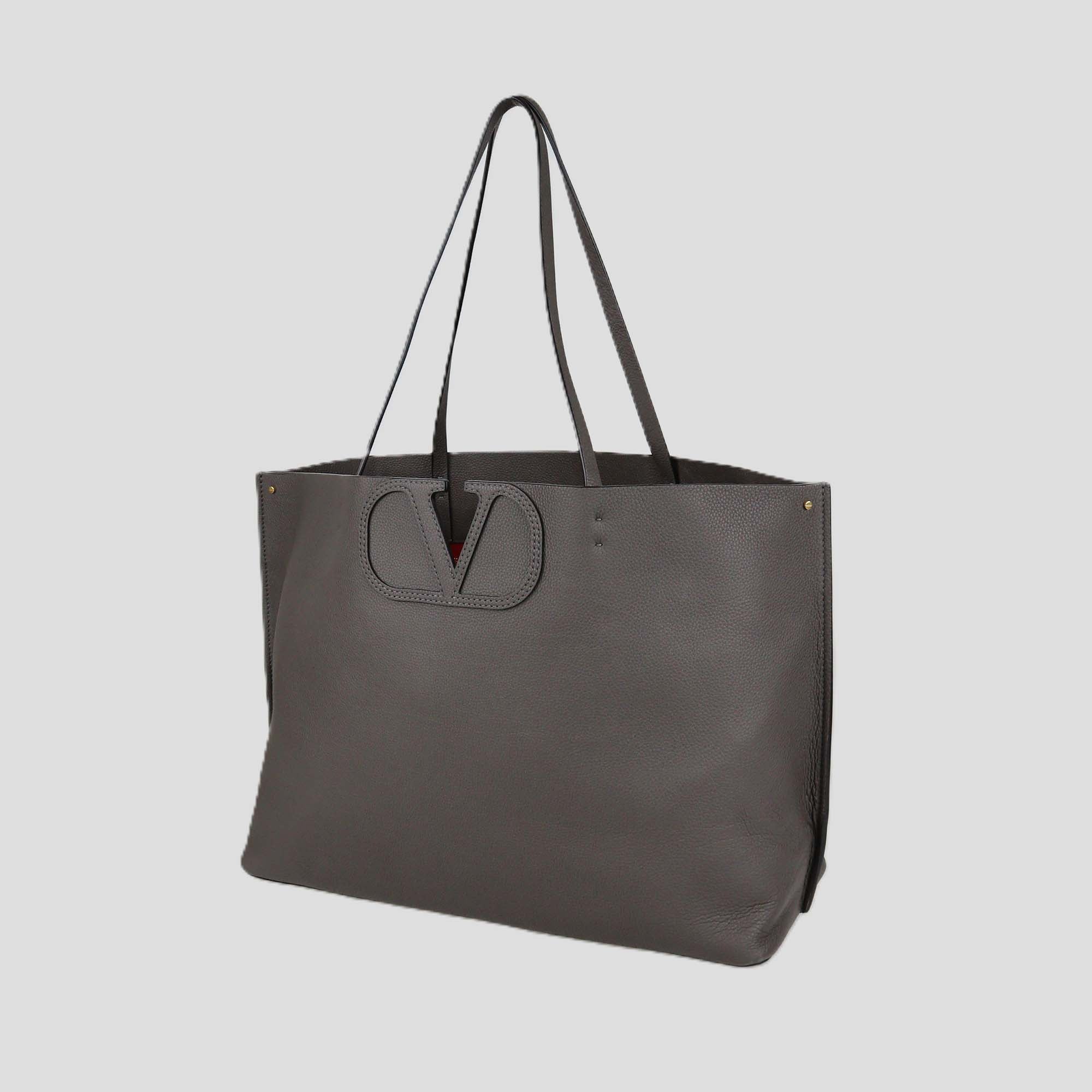 Valentino Dark Grey Leather Large VLogo Fillme Tote
