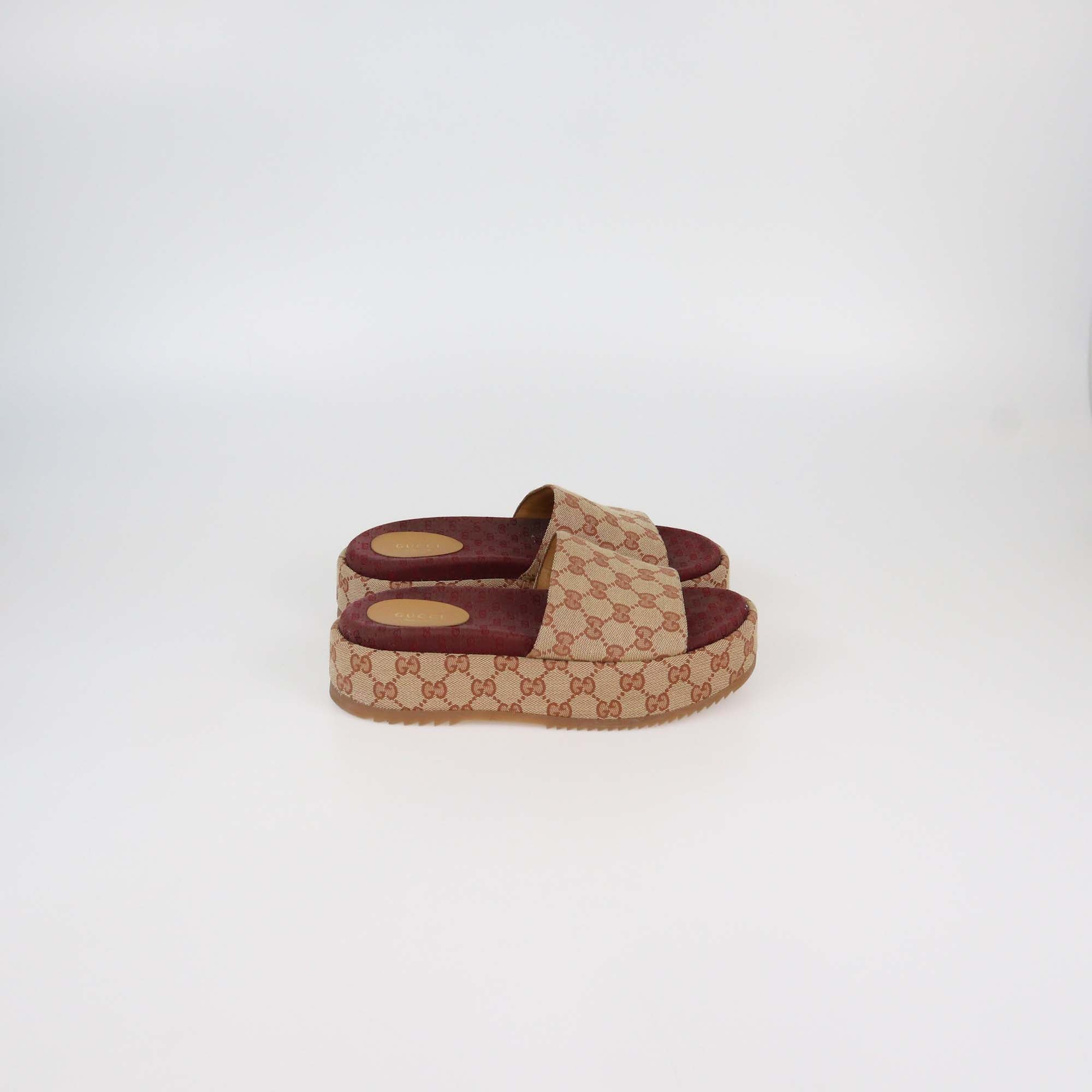 Gucci Beige/Red GG Canvas Platform Slide Sandals
