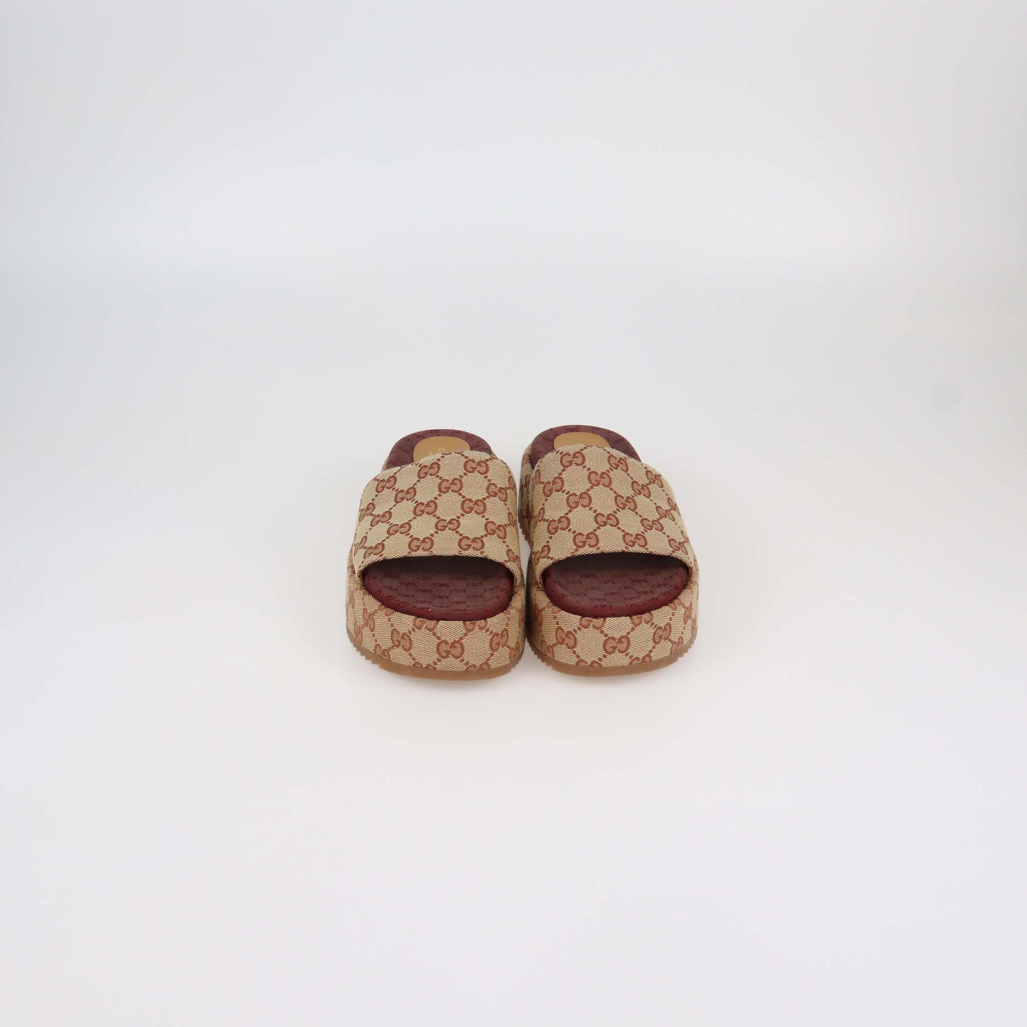 Gucci Beige/Red GG Canvas Platform Slide Sandals