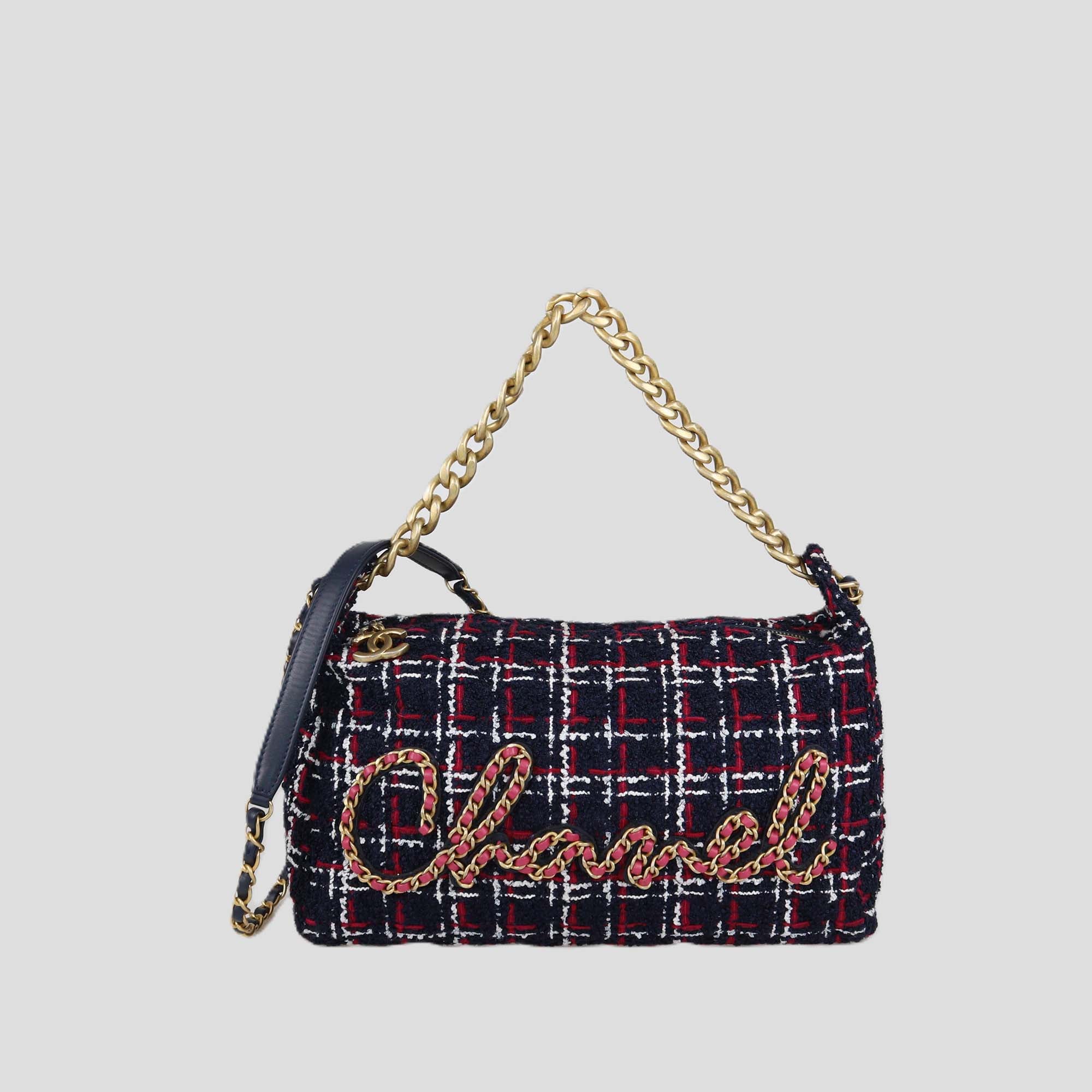 Chanel Tricolor Tweed Written in Chain Shoulder Bag