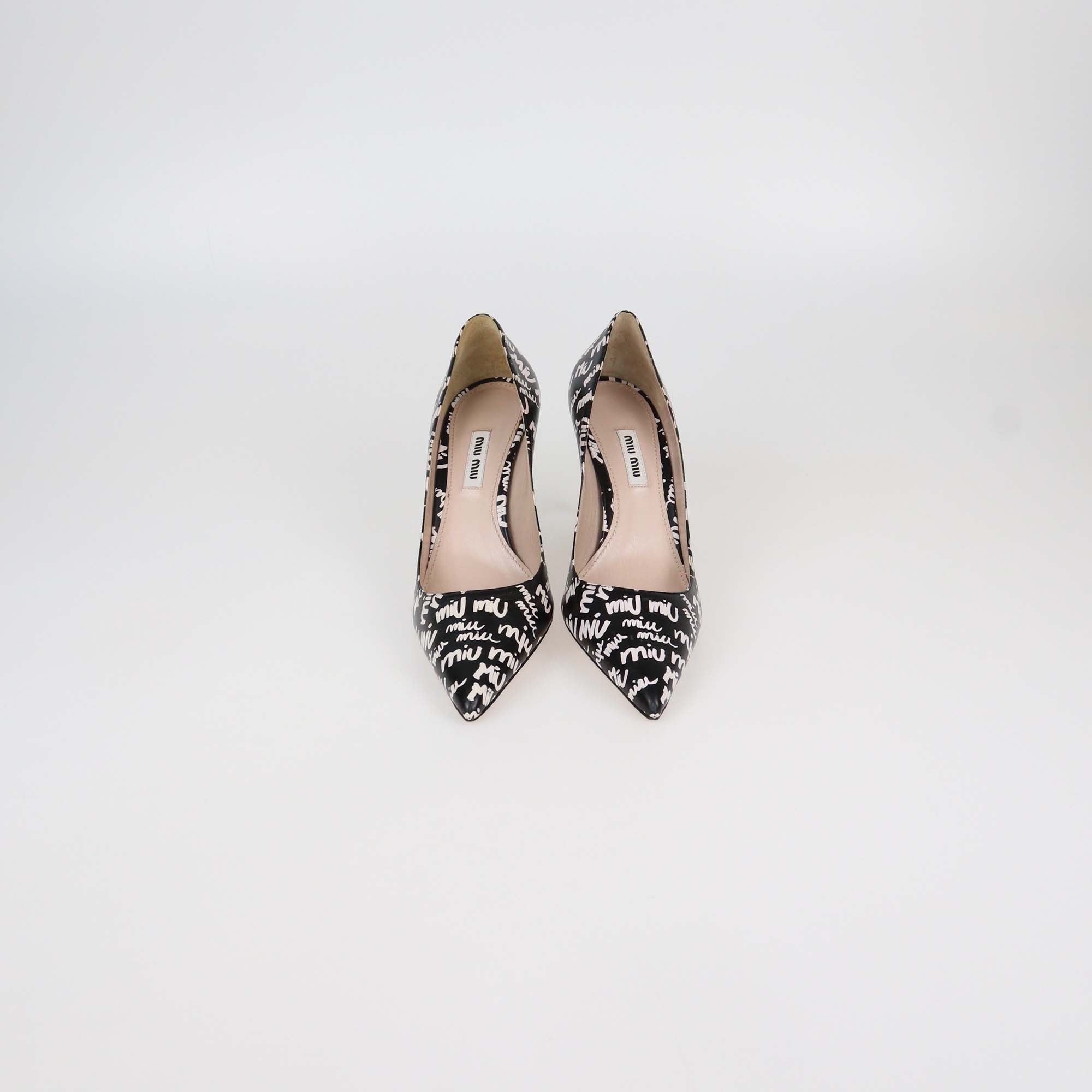 Miu Miu Black/White Leather Logo Print Pointed Toe Pumps