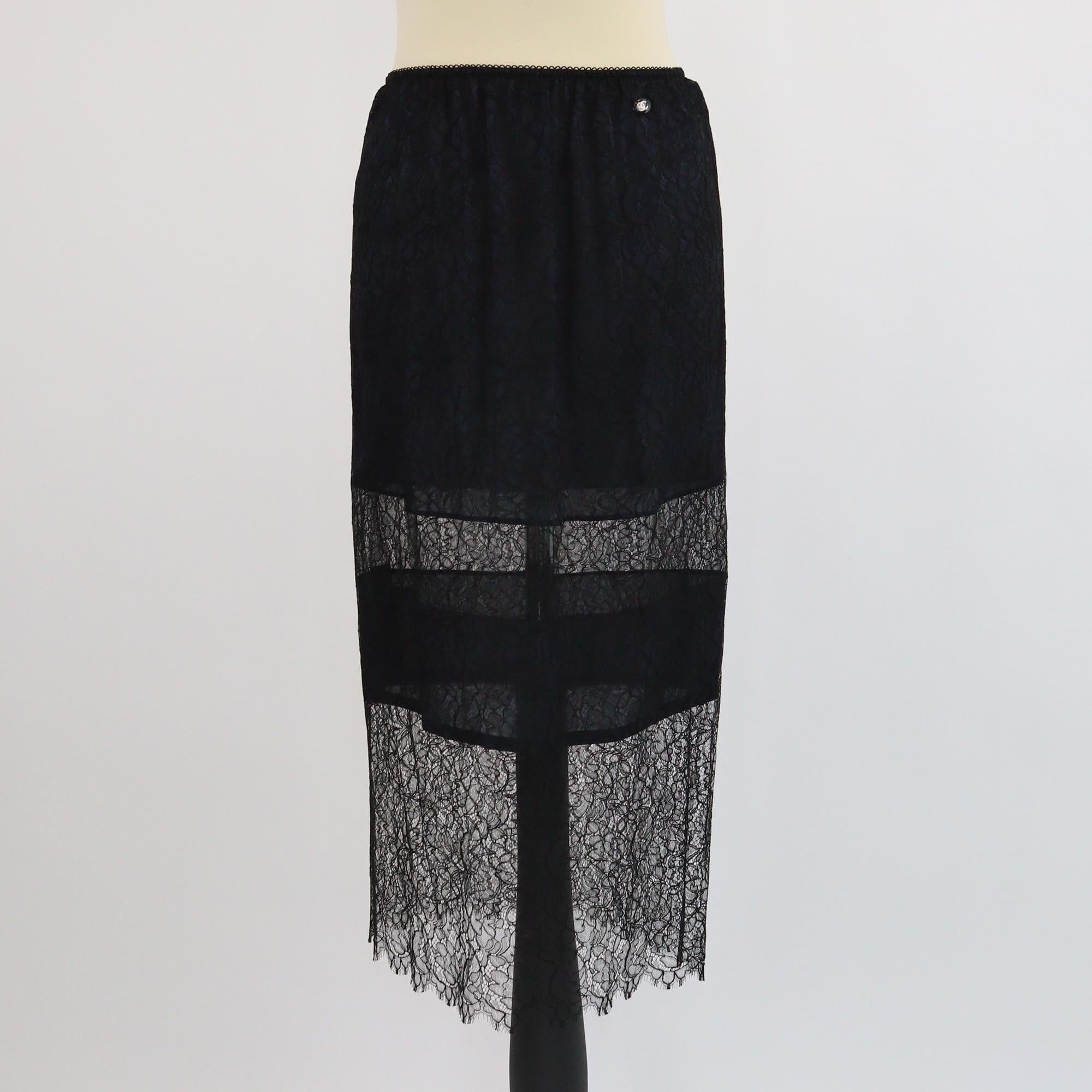Chanel Navy Blue/Black Lace Midi Skirt Womens Chanel