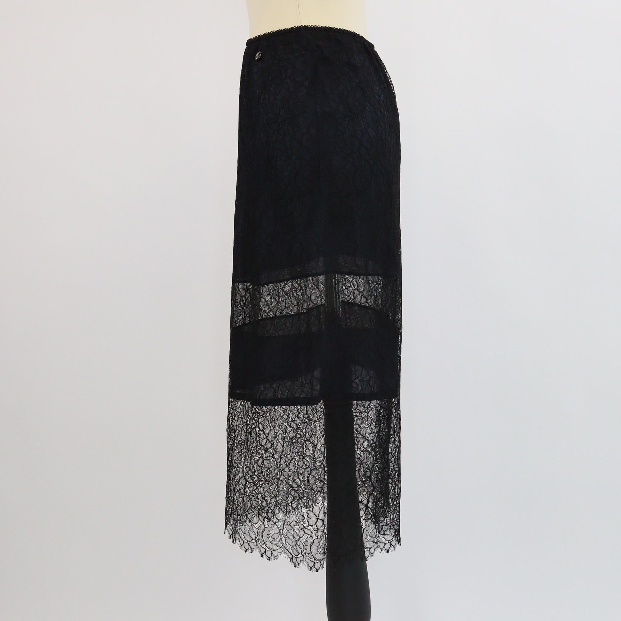 Chanel Navy Blue/Black Lace Midi Skirt Womens Chanel