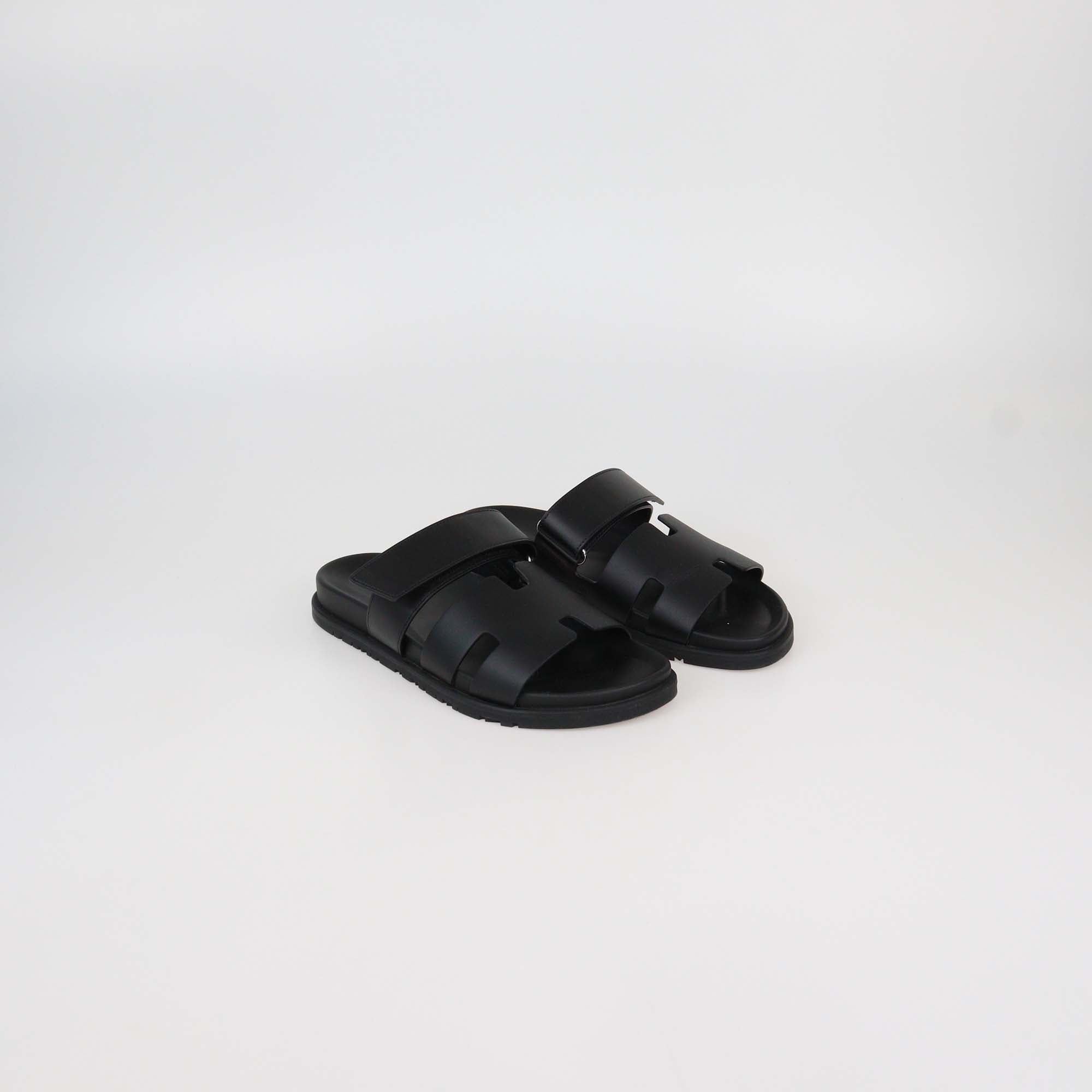 Hermes Black Leather Chypre Sandals