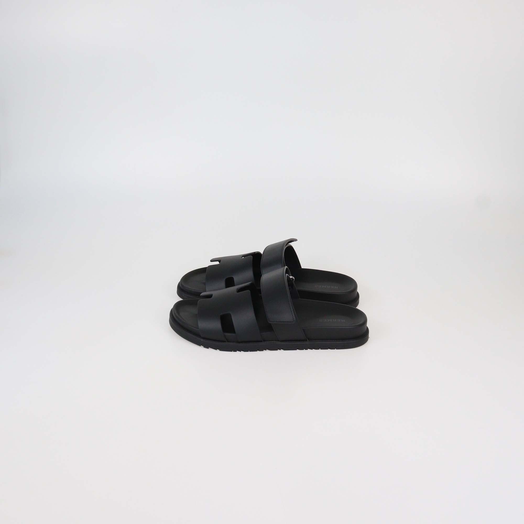 Hermes Black Leather Chypre Sandals
