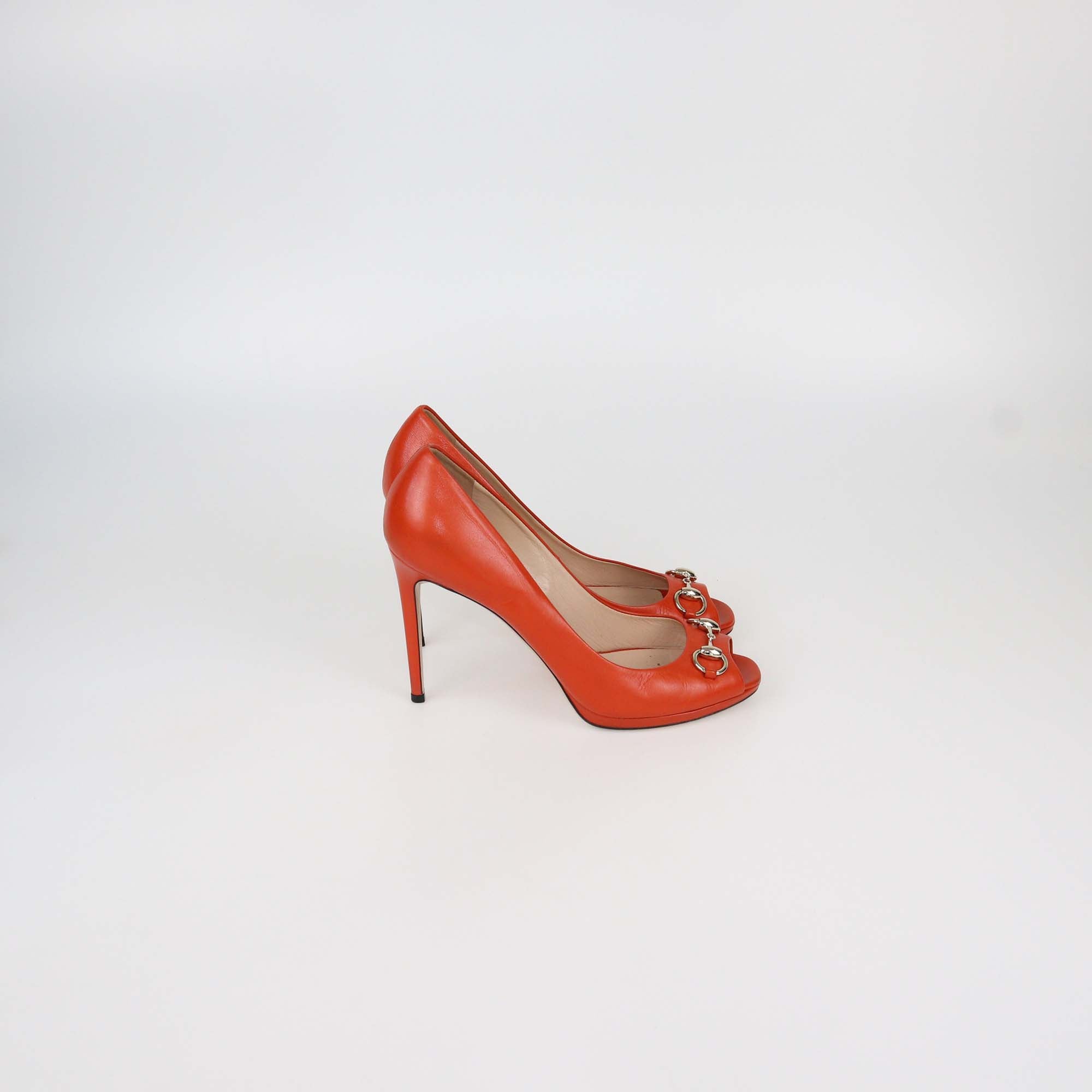 Gucci Dark Orange Leather Horsebit Peep Toe Pumps