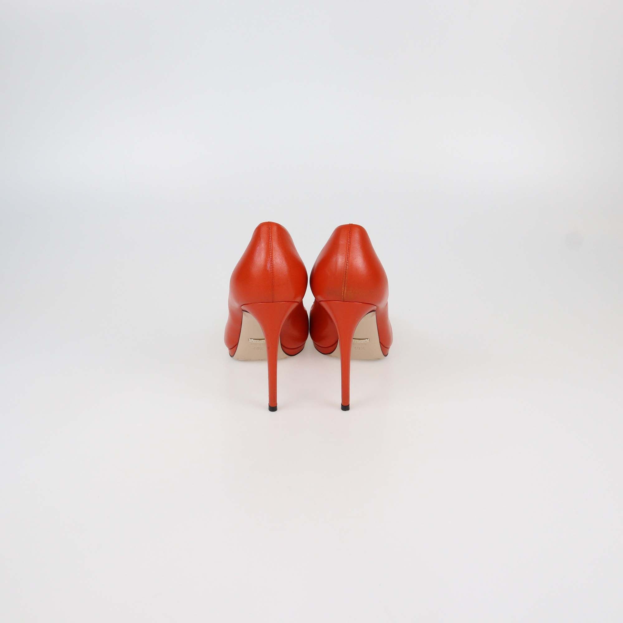 Gucci Dark Orange Leather Horsebit Peep Toe Pumps